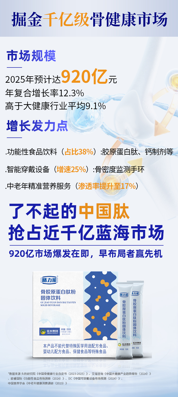 💰 掘金千亿级骨健康市场。🦴【膳力能骨胶原蛋白肽】。✨ 了不起的中国肽！。🚀 抢占近千亿蓝海市场。⏳ 920亿市场爆发在即，早布局者赢先机💰
