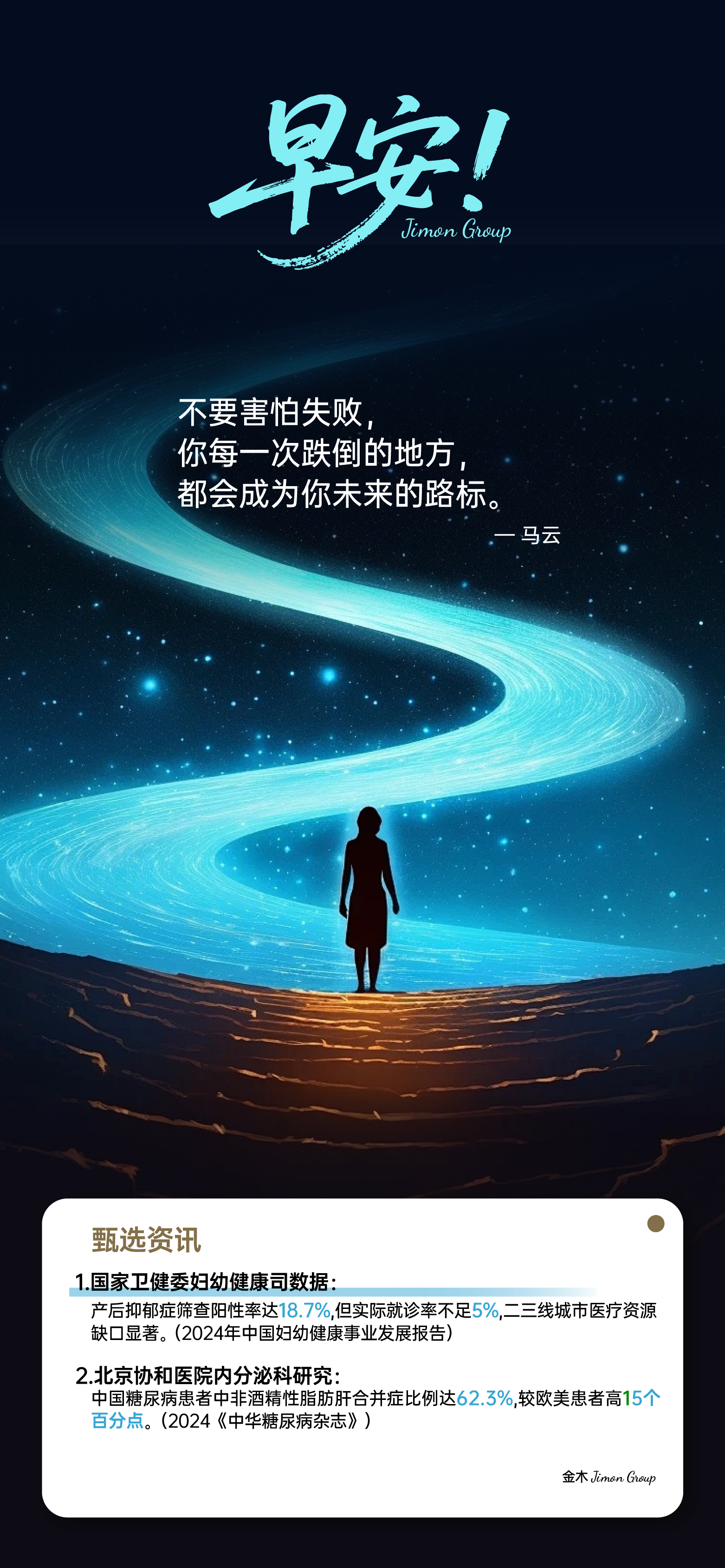 ☀  早安！加油💪。焦虑时行动，迷茫时学习，疲惫时休息。强者把挫折当跳板，弱者把挫折当墓碑。像水一样：遇山绕行，遇洼填平，终归大海。目标可视化：把梦想贴在每天看得见的地方