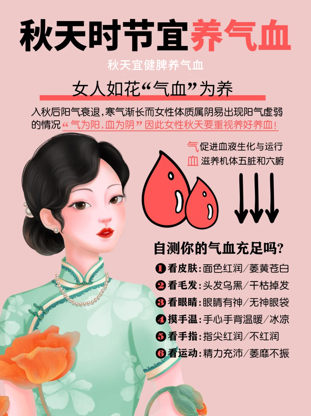 姐妹们，秋天到啦，咱们女人天生属阴，更要好好养护气血才行！。先来快速自测一下你的气血充不充足咧？。金木健康小贴士：温养内在，气血足才更美🌸。💖面若桃花，健康颜值双在线！