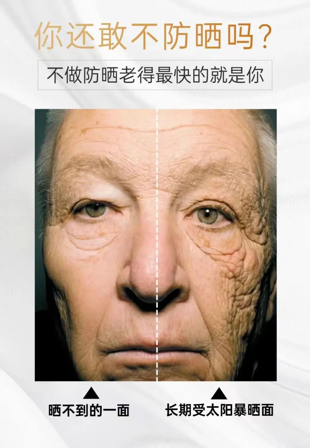 🌞 防晒=防老❗。不防晒？💰 万元护肤品都白费！。紫外线加速老化：暗沉、皱纹、色斑...。要美丽先防晒，一年四季都必须涂哦～