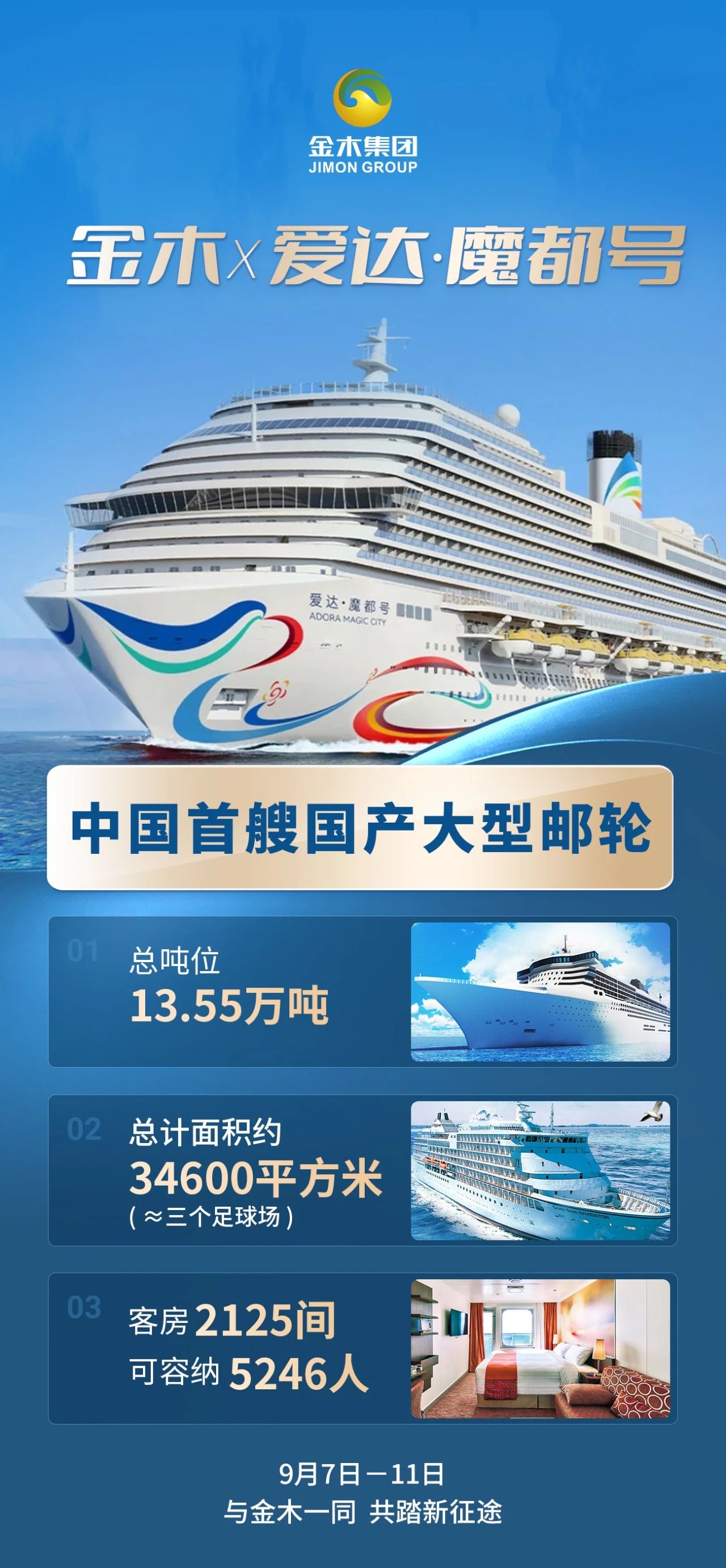 🚢 金木·爱达魔都号 中国首艘国产大型邮轮 。总计面积约34600平方米≈三个足球场。环球美食地道珍馐  26 家主题餐厅+15 层海上城堡。首创邮轮工业美学空间  首个开心麻花海上专场。9月7日-11日  与金木一同 共踏新征途🌟