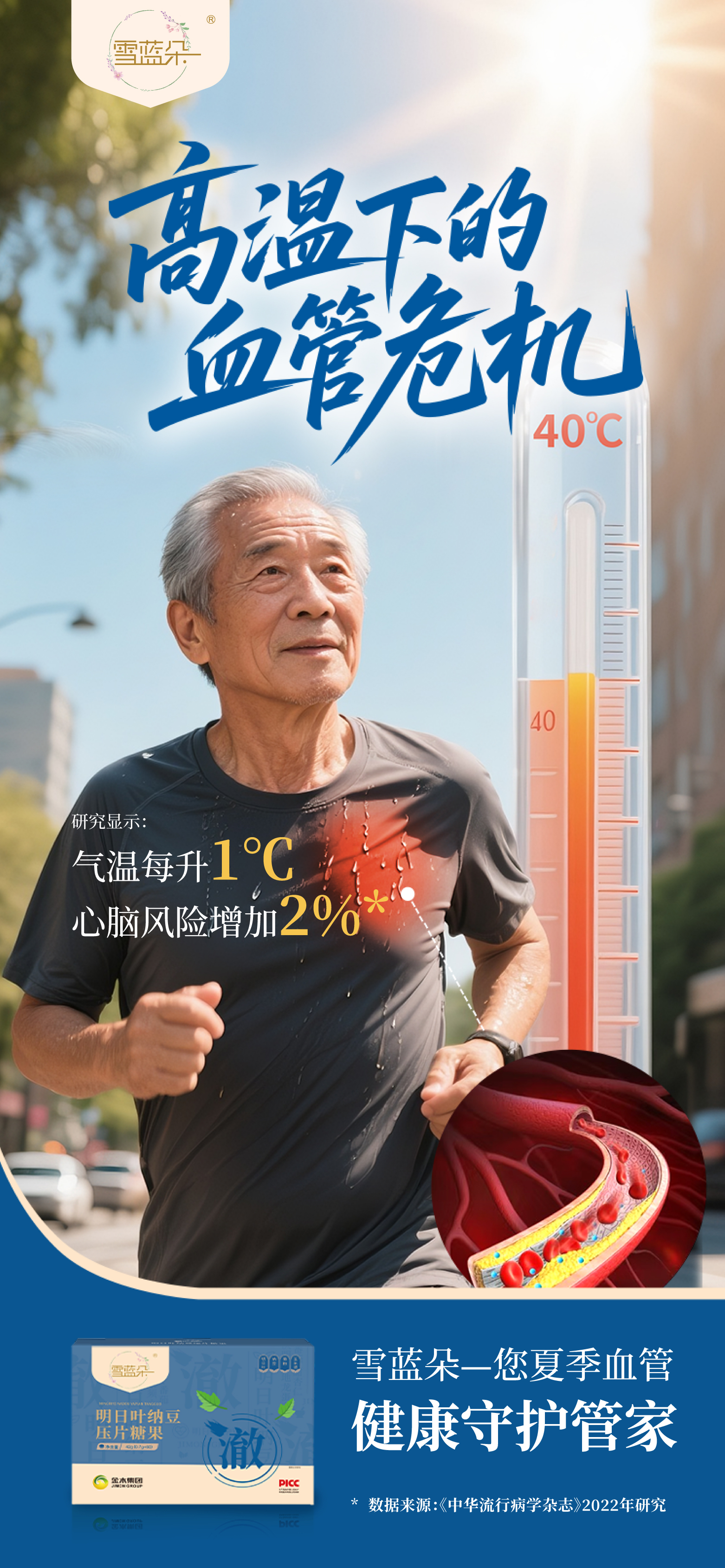 ☀️ 暑热来袭，别让血管"中暑"！。咱为家人们备好“雪蓝朵”。🌿 明日叶、纳豆粉等优质原料。⏳ 每日养护，助您安稳度过"血管高危季"。💙 给血管一份清凉守护！