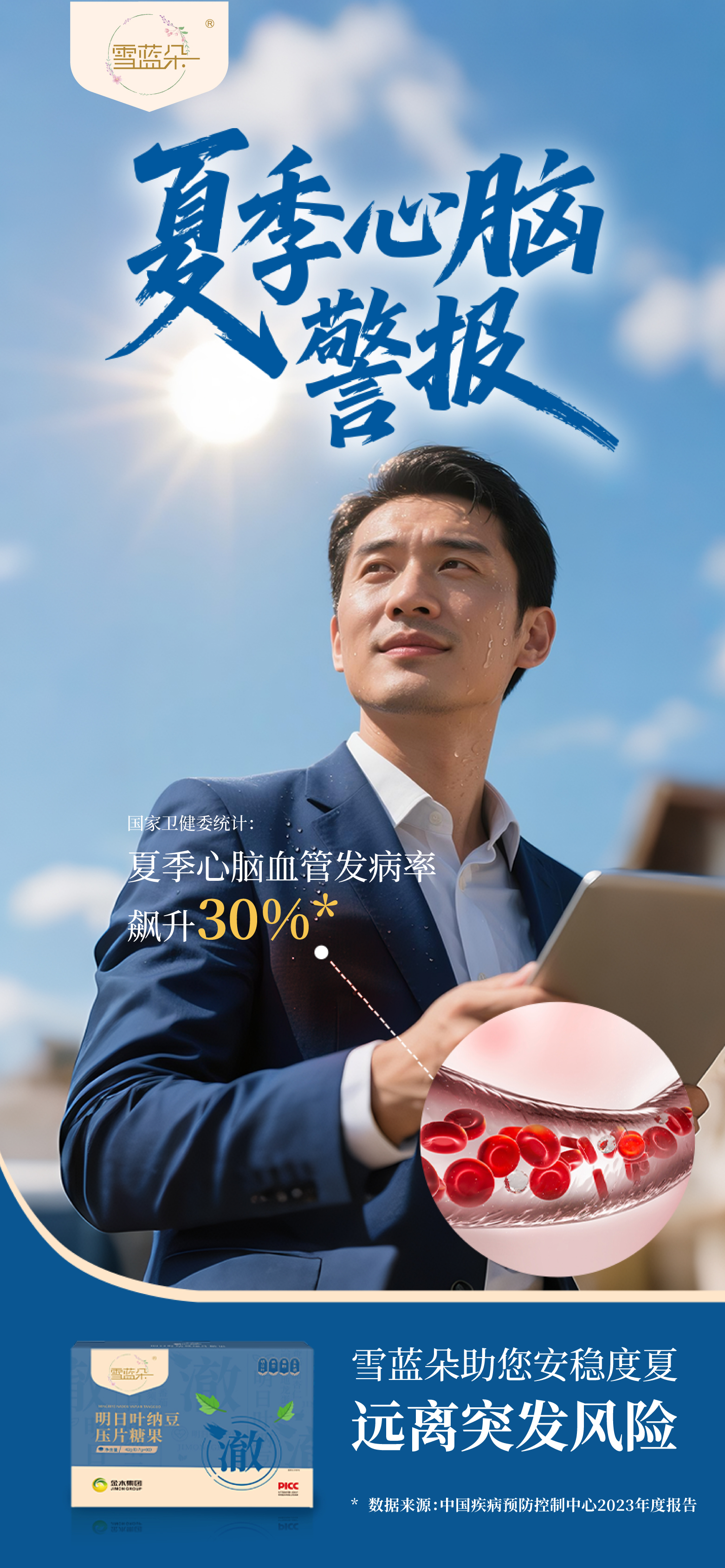 ☀️ 暑热来袭，别让血管"中暑"！。咱为家人们备好“雪蓝朵”。🌿 明日叶、纳豆粉等优质原料。⏳ 每日养护，助您安稳度过"血管高危季"。💙 给血管一份清凉守护！