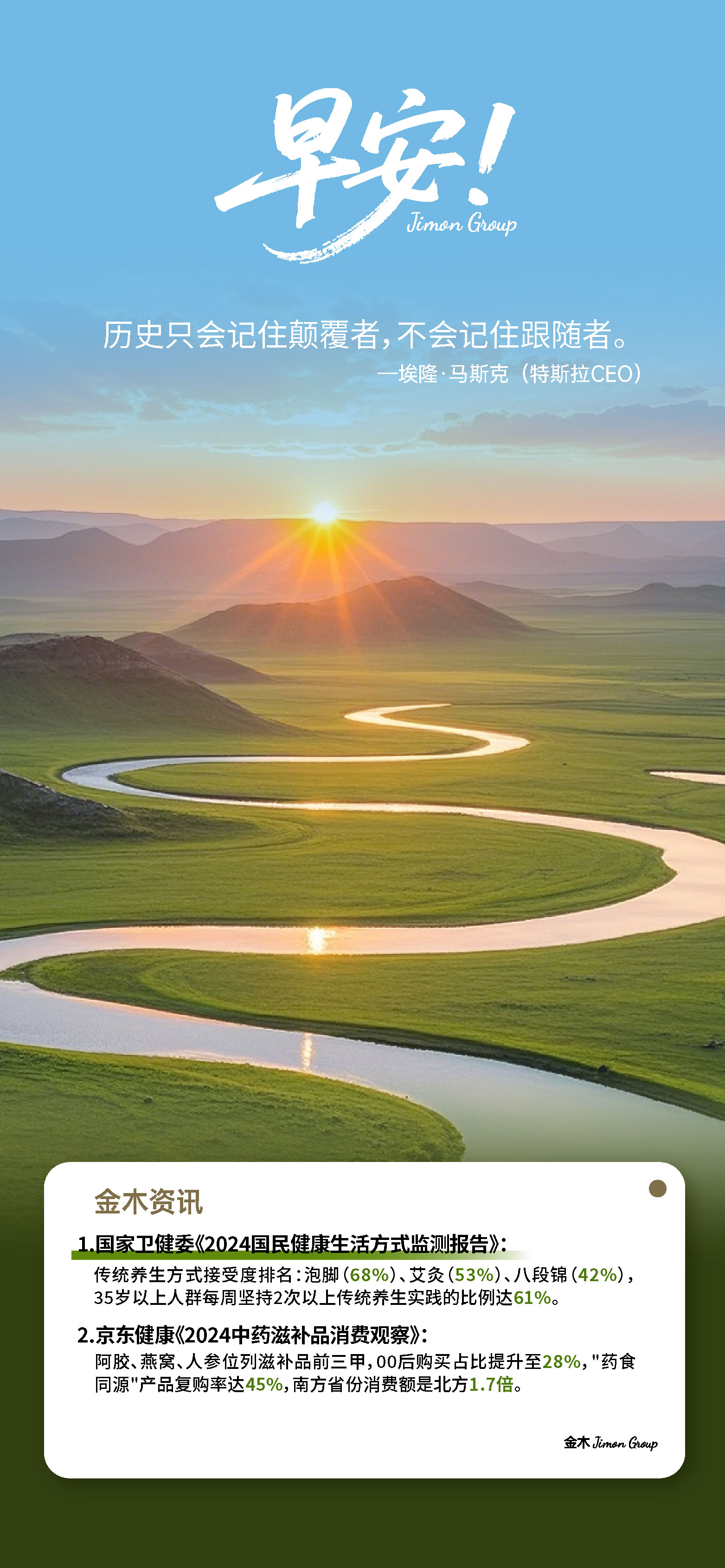 时光公平，你对身体好，它就回馈你美好。。养成规律生活节奏，让养生成日常习惯。。早安！用健康迎接朝阳，以活力征战事业！。每一天，都是身体与事业的双赢投资！