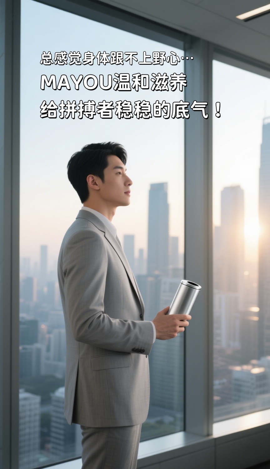 总感觉身体跟不上野心…。MAYOU温和滋养，给拼搏者稳稳的底气。晨起一粒，告别疲惫感，活力持续在线。事业奔波，高频出差，状态不拖后腿🌟 。你行的底气，MAYOU给你！✨