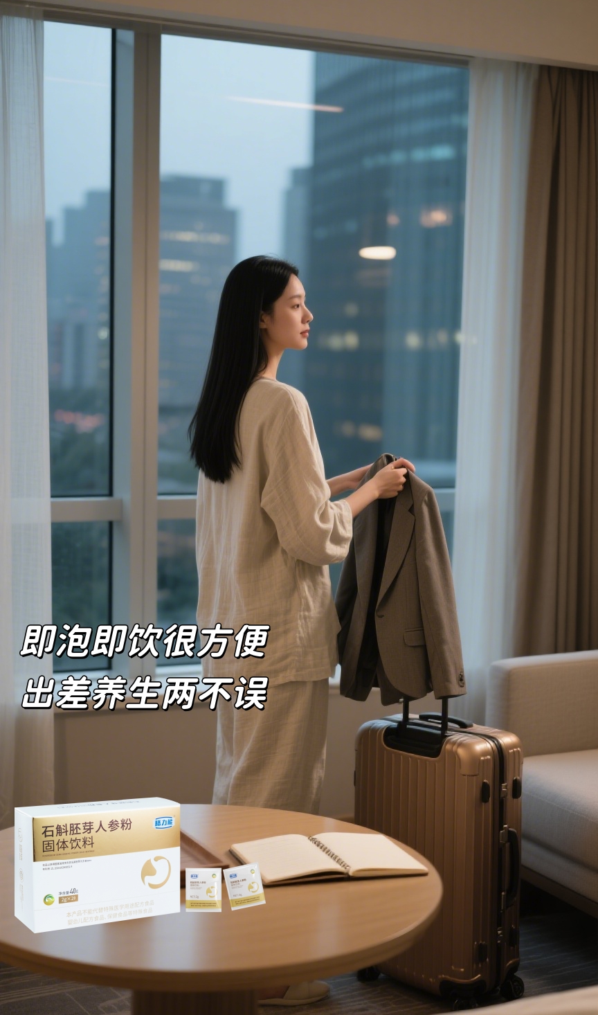 暑湿困脾莫慌张，五脏养护咱有良方✨。石斛胚芽人参粉，一杯清润养，润而不燥👍。石斛修护+人参提气，吃冰吹空调也不怕❄️。即泡即饮很方便，出差养生两不误💼