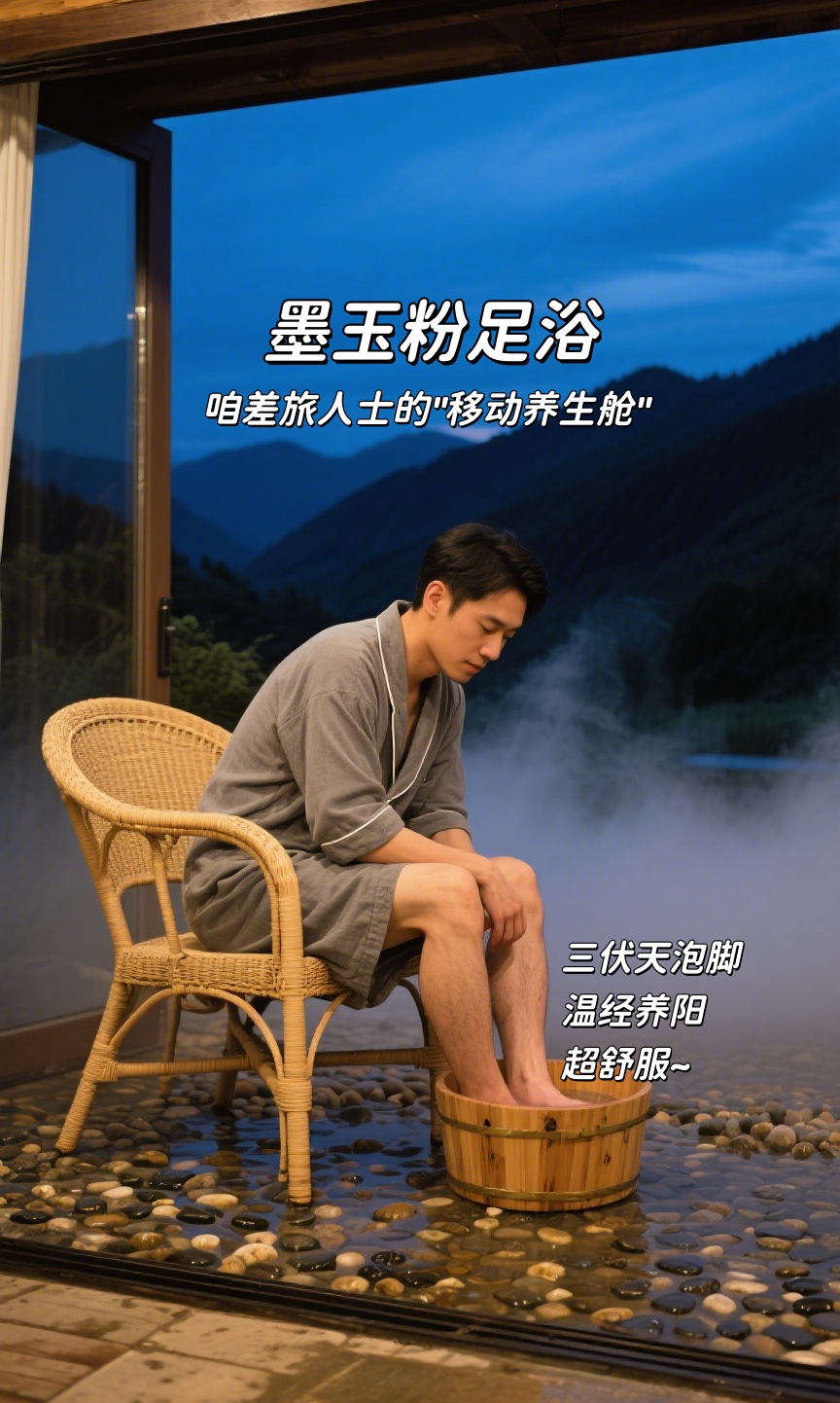 🔥 差旅人士的"移动养生舱" | 墨玉粉足浴。🦶 三伏天泡脚驱寒，改善空调腿、水肿腿。 甄选墨玉，帮助放松紧绷的足部经络。 睡前泡一泡，出差在外也能睡个安稳觉
