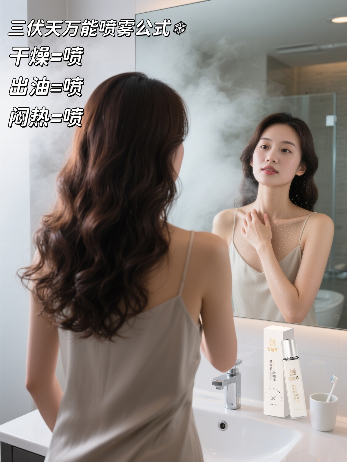 三伏天万能喷雾公式💦。干燥=喷｜出油=喷｜闷热=喷❄️。车载模式：暴晒后车内降温，拒绝蒸笼体验！。酒店神器：空调房干到裂？喷一下=随身加湿器！。妆前冰镇：上底妆前喷一喷，服帖到像长在脸上！