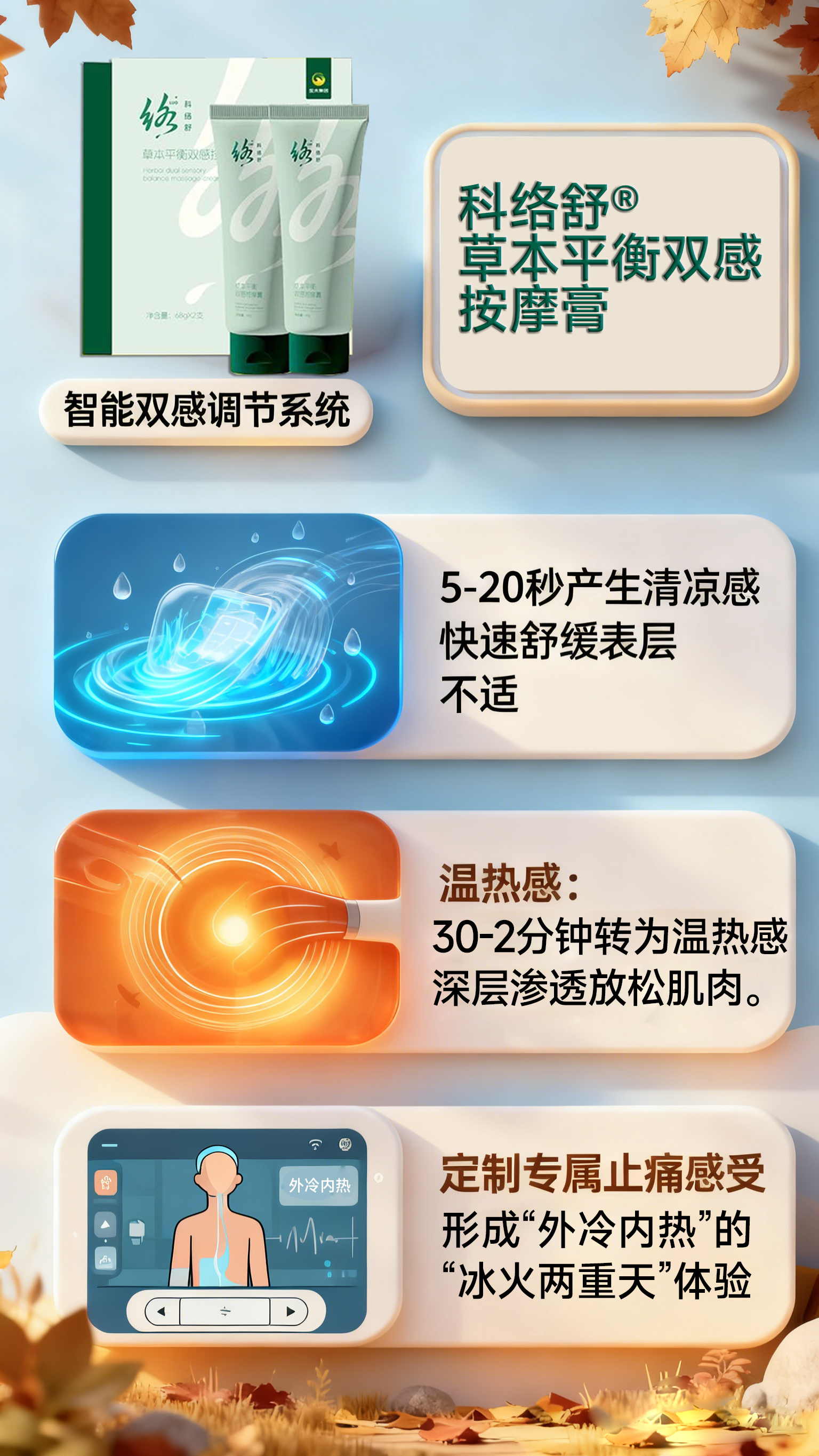 科络舒草本平衡双感按摩膏⚡双感体验：5-20 秒清凉舒表层 + 30 分后温热渗肌肉→“外冷内热”🧠循络护络：《黄帝内经》脉络智慧 + 现代科技→精准缓痛🌿植萃成分：含多种精油、藏红花，七叶树籽提取物等天然原料→科学舒缓