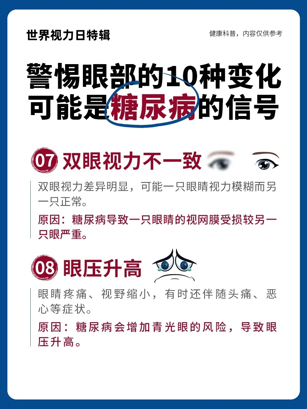 金木健康说：眼睛是全身健康的窗户。。视力突然变化、眼前有黑影、颜色辨不清…。这些眼部症状，可能是血糖升高的早期警报。。提高警惕，科学管理，金木健康与您一起守护清晰视界。