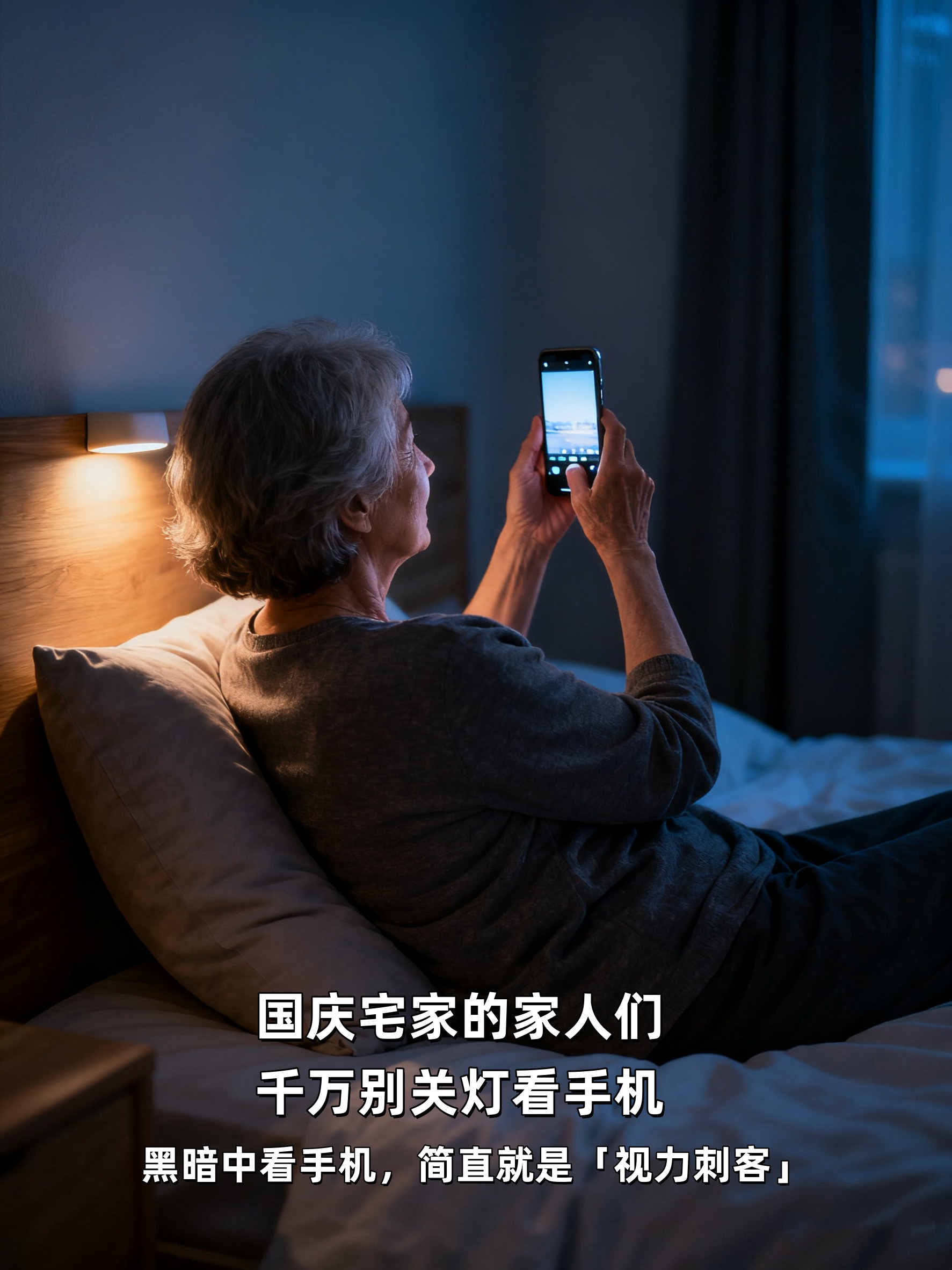 国庆宅家的家人们，🙅‍千万别关灯玩手机哦。你以为调低亮度开了夜间模式就没事了❓。黑暗中看手机，简直就是「视力刺客」，伤害比你想象的大得多😱。熬夜刷屏眼干涩，媛韵牌苦参抑菌液来护驾。草本呵护，焕亮双眸，让双眼清爽过假期✨
