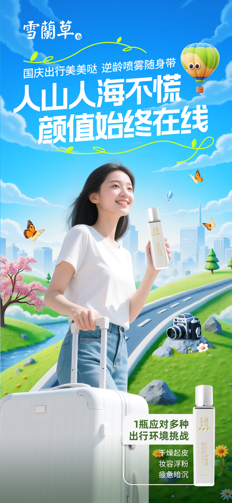 🌞 国庆出行美美哒，雪蘭草喷雾随身带。🚶‍♀️ 人山人海不慌，颜值始终在线。喷雾：1瓶应对多种出行环境挑战！！。干燥起皮/妆容浮粉/疲惫暗沉…。人美心情更美，旅途才完美~