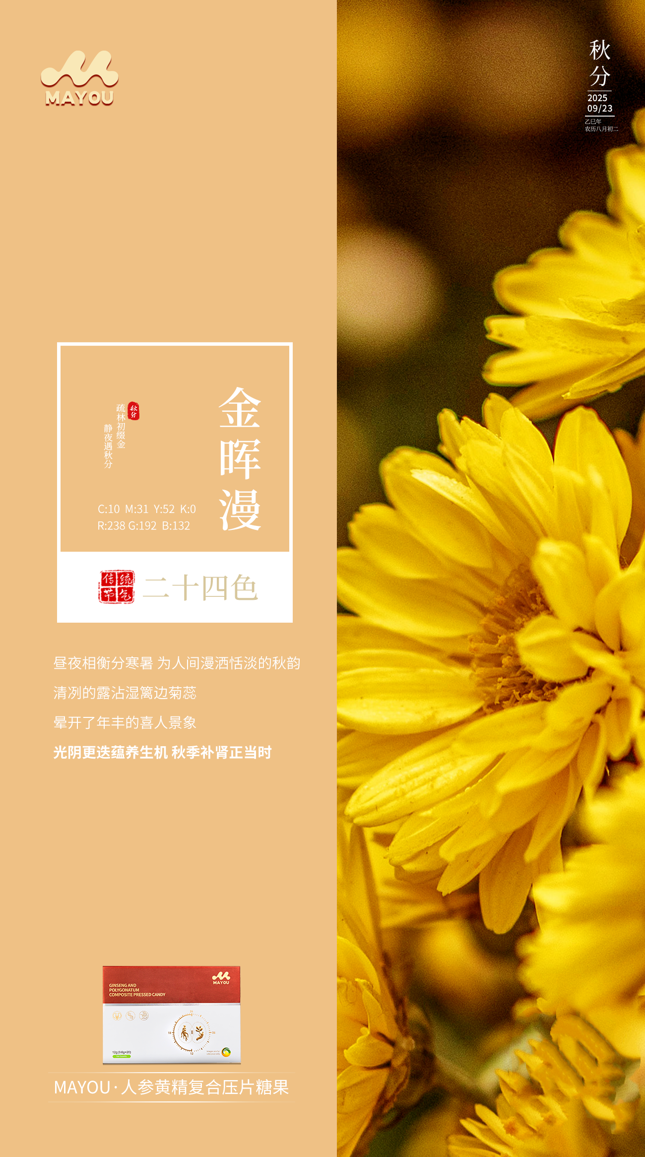 # 秋分 #节气二十四色。金晖漫 . 疏林初缀金，静夜遇秋分。。昼夜相衡分寒暑，为人间漫洒恬淡的秋韵，。清冽的露沾湿篱边菊蕊，晕开了年丰的喜人景象。。MAYOU.人参黄精复合压片糖果。光阴更迭蕴养生机，秋季补肾正当时。