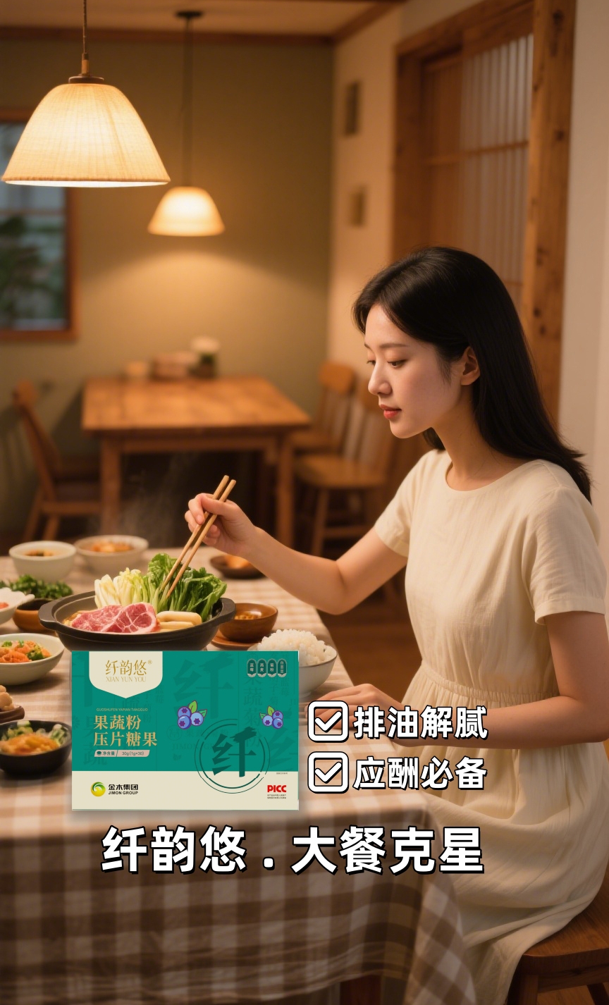 别死磕体重秤！体质改了才是真本事。多种膳食纤维+天然果蔬提取物，肠胃越吃越顺溜！。餐后嚼一嚼，养成“刮油小习惯”。温和排油不拉肚，厕所一看就明白。纤韵悠 . 大餐克星，放肆吃咱不怕