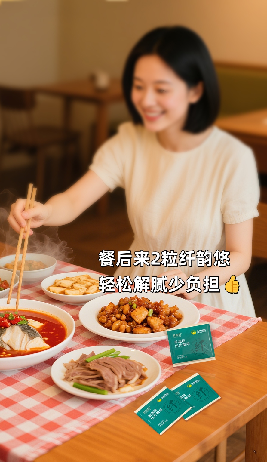 💡 控卡期嘴馋救星来啦！。🍰 奶茶蛋糕忍不住？火锅烧烤停不下？。餐后来2粒纤韵悠，轻松解腻少负担~。💪 坚持养成好习惯，好身材看得见！