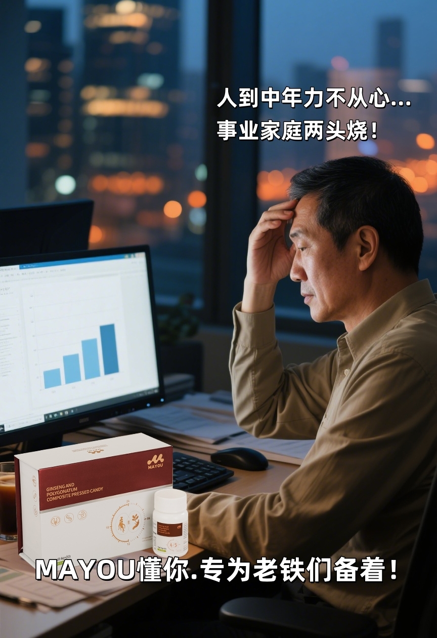 人到中年力不从心…事业家庭两头烧！。MAYOU懂你，专为老铁们备着！。真材实料看得见，人参黄精枸杞都是宝～。每天日常养护，浑身来劲不喊累！。对自己好一点，才能拼得更久！