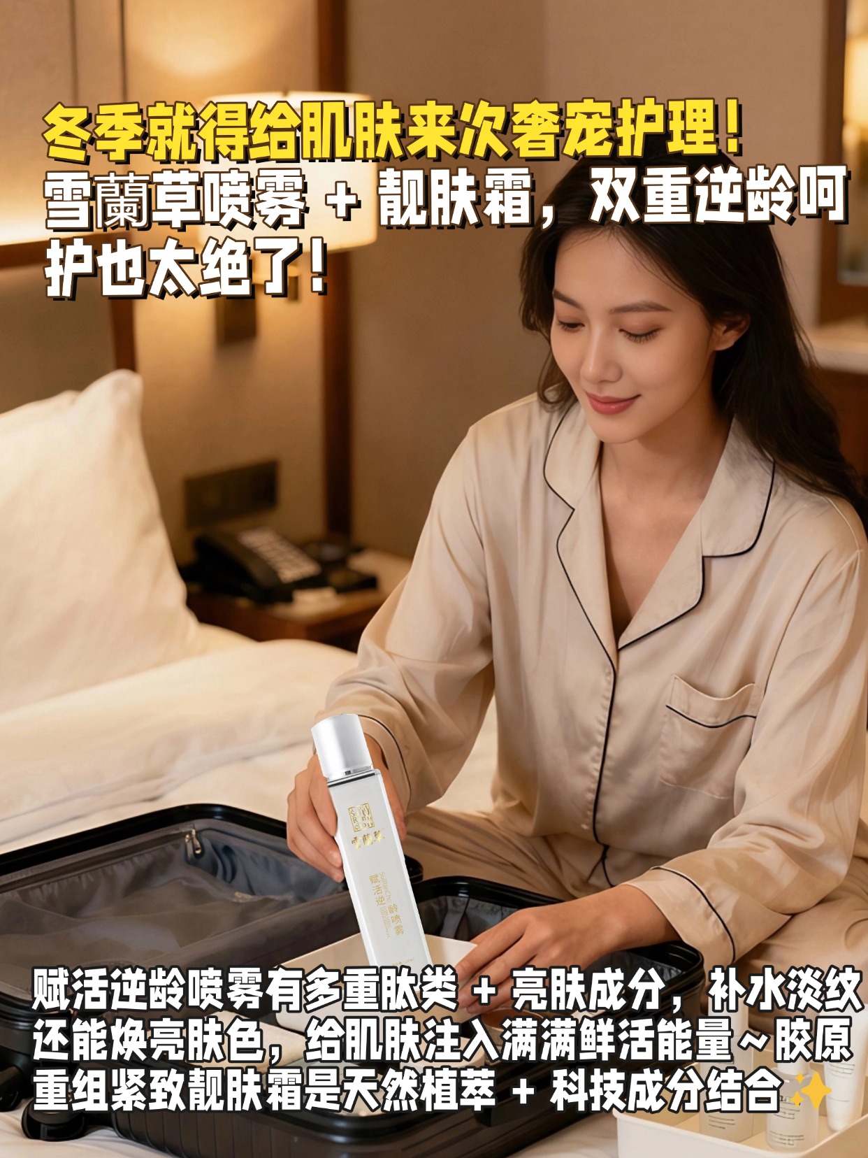 ✨ 冬季肌肤太容易出问题了！🌸干燥起皮、细纹加重、肤色暗沉，谁懂啊！还好我有雪蘭草双品组合，直接把这些烦恼全解决！赋活逆龄喷雾里有烟酰胺 + 昆诺阿藜籽提取物，喷完快速补水提亮～胶原重组紧致靓肤霜含积雪草🌿 + 水解胶原，提升紧致度超明显！先喷后涂层层滋养，轻松摆脱冬季肌困扰，嘭润嫩亮好状态轻松 get！✨ 