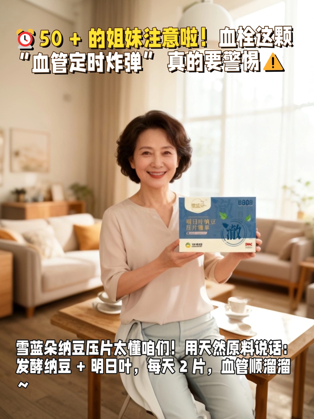 50 + 的姐妹注意啦！血栓这颗 “血管定时炸弹” 真的要警惕⚠️雪蓝朵明日叶纳豆压片糖果,每天嚼 2 片，简单方便，给健康多道保障✅