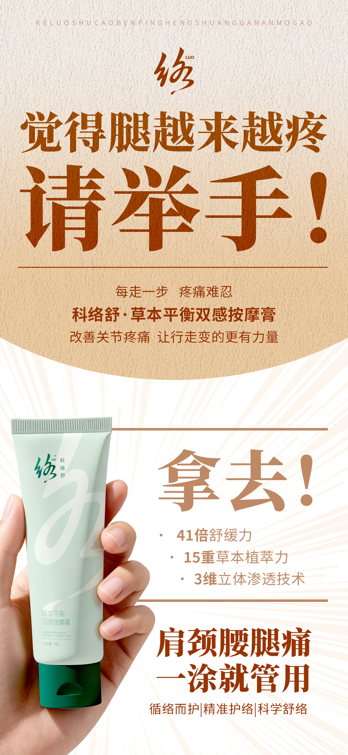 觉得肩颈腰腿越来越疼的请举手！科络舒拿去！60s直达疼痛根源~