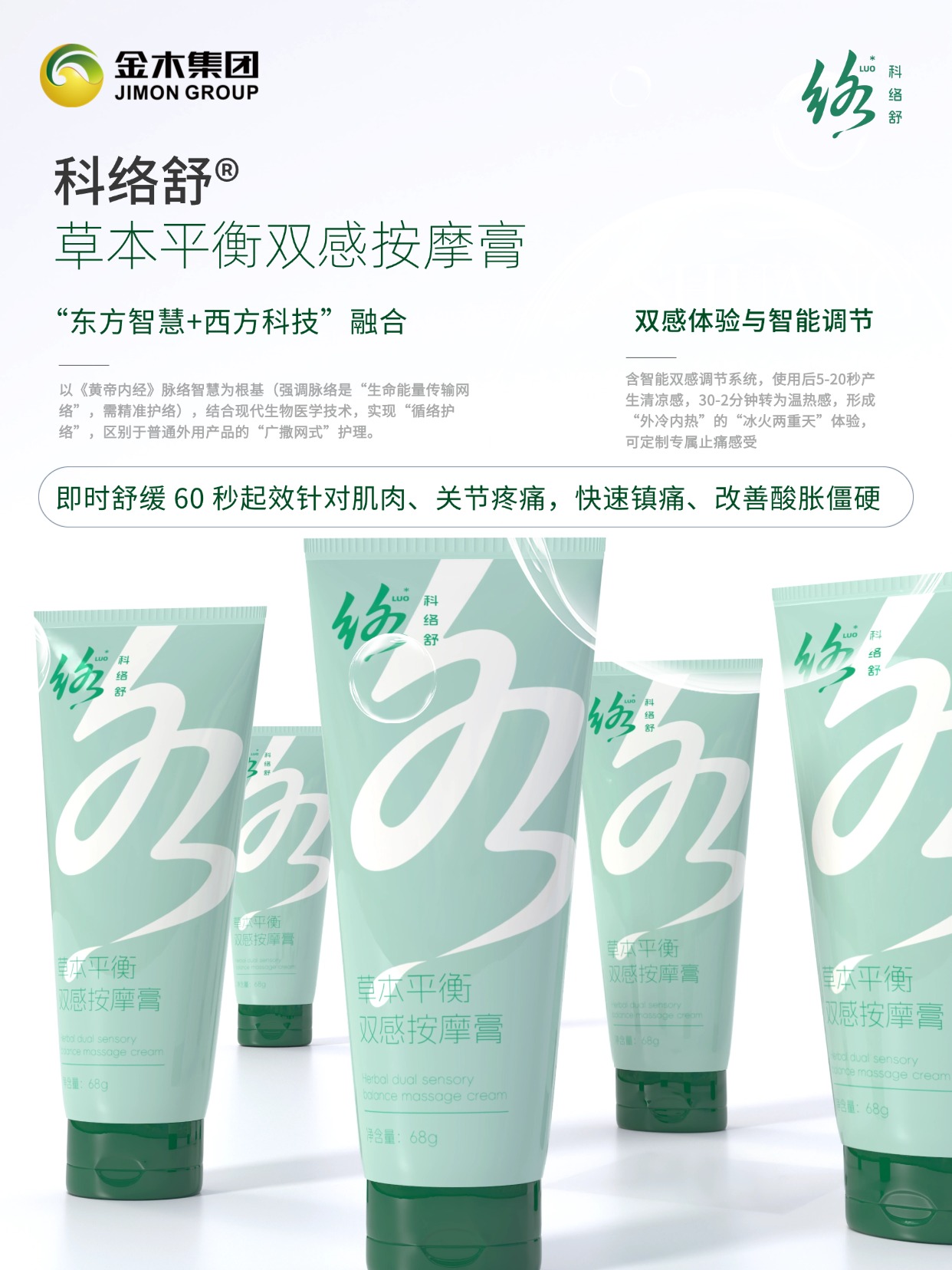 科络舒草本双感平衡按摩膏采用三维立体渗透技术：🌐结合纳米包裹与仿生渗透技术，🚪突破 “表皮停留” 局限，实现成分 “透皮（表皮层）- 透肉（真皮层）- 透骨（关节、骨骼）” 三层渗透，⏱️60 秒直达疼痛根源，📈吸收率大幅提升。。*本内容仅限微信朋友圈使用，抖音、视频号等平台慎用（注意平台发布规范）