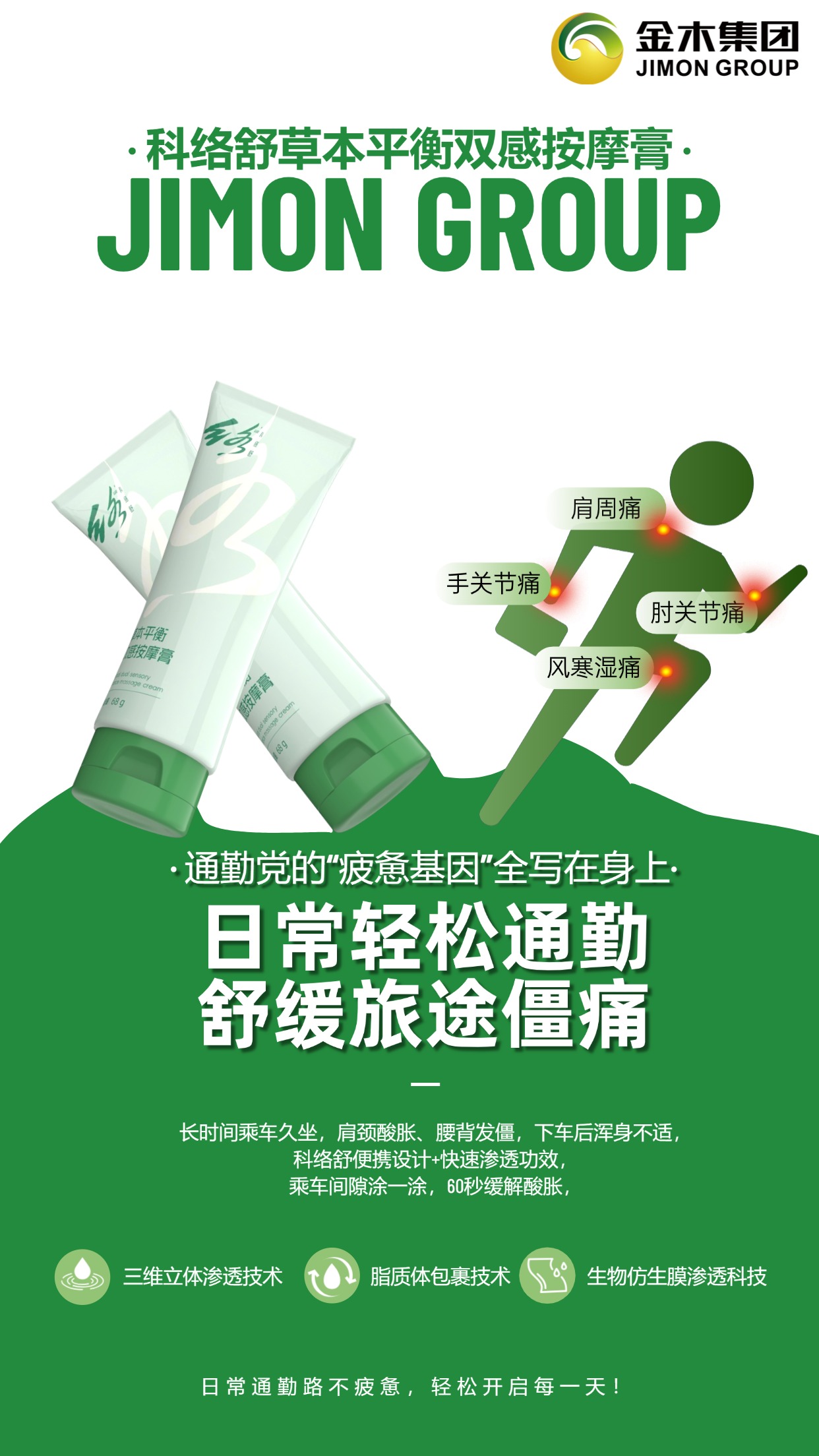 职场开运护脊·告别伏案僵痛！职场“千里马”也怕久坐“僵脊基因”！8小时伏案盯屏，肩颈僵如冻缰，腰椎沉似驮重，科络舒双感按摩膏，60秒透皮渗骨，清凉镇痛→温热养络，。东方循络智慧+西方渗透科技，精准瓦解僵硬酸痛。