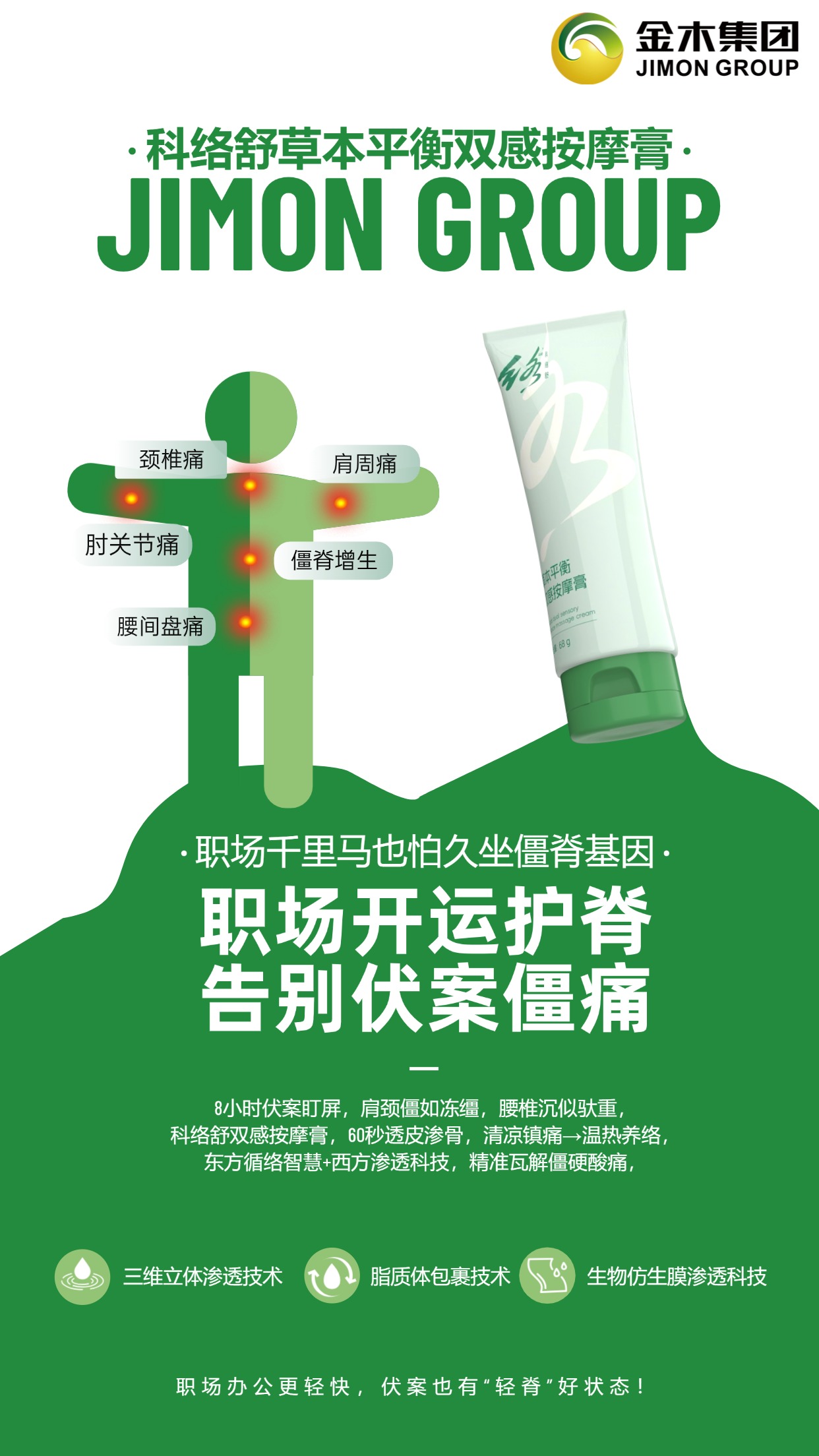 职场开运护脊·告别伏案僵痛！职场“千里马”也怕久坐“僵脊基因”！8小时伏案盯屏，肩颈僵如冻缰，腰椎沉似驮重，科络舒双感按摩膏，60秒透皮渗骨，清凉镇痛→温热养络，。东方循络智慧+西方渗透科技，精准瓦解僵硬酸痛。