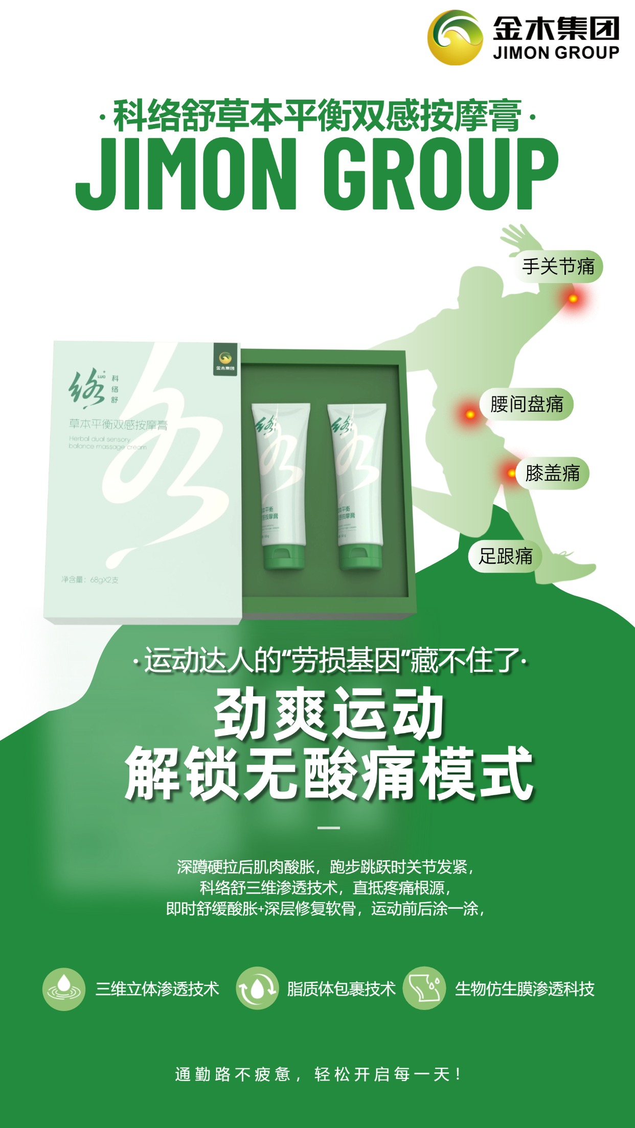 职场开运护脊·告别伏案僵痛！职场“千里马”也怕久坐“僵脊基因”！8小时伏案盯屏，肩颈僵如冻缰，腰椎沉似驮重，科络舒双感按摩膏，60秒透皮渗骨，清凉镇痛→温热养络，。东方循络智慧+西方渗透科技，精准瓦解僵硬酸痛。