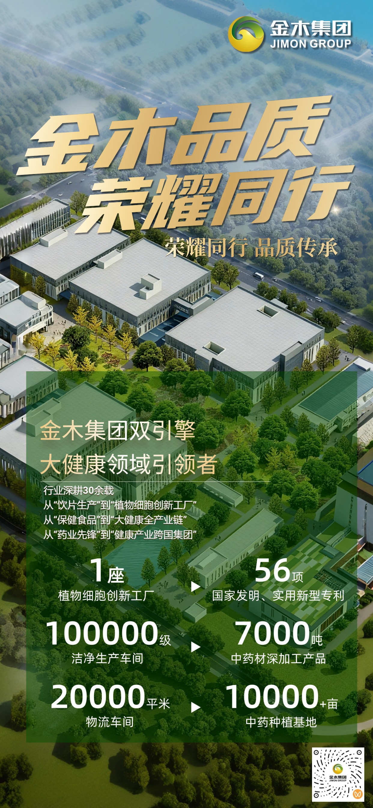 金木集团33载深耕中医药与大健康，以 “金品质，共分享” 为宣言，构建 “一中心五基地” 格局。依托专业研发团队、56 项专利等硬核实力，源头上把控道地药材，精益生产赋能中医药。业务遍及十余个国家和地区，斩获多项殊荣，致力于以东方健康智慧惠泽全球。为实现“创造更美好的生活”的愿景贡献东方力量。。