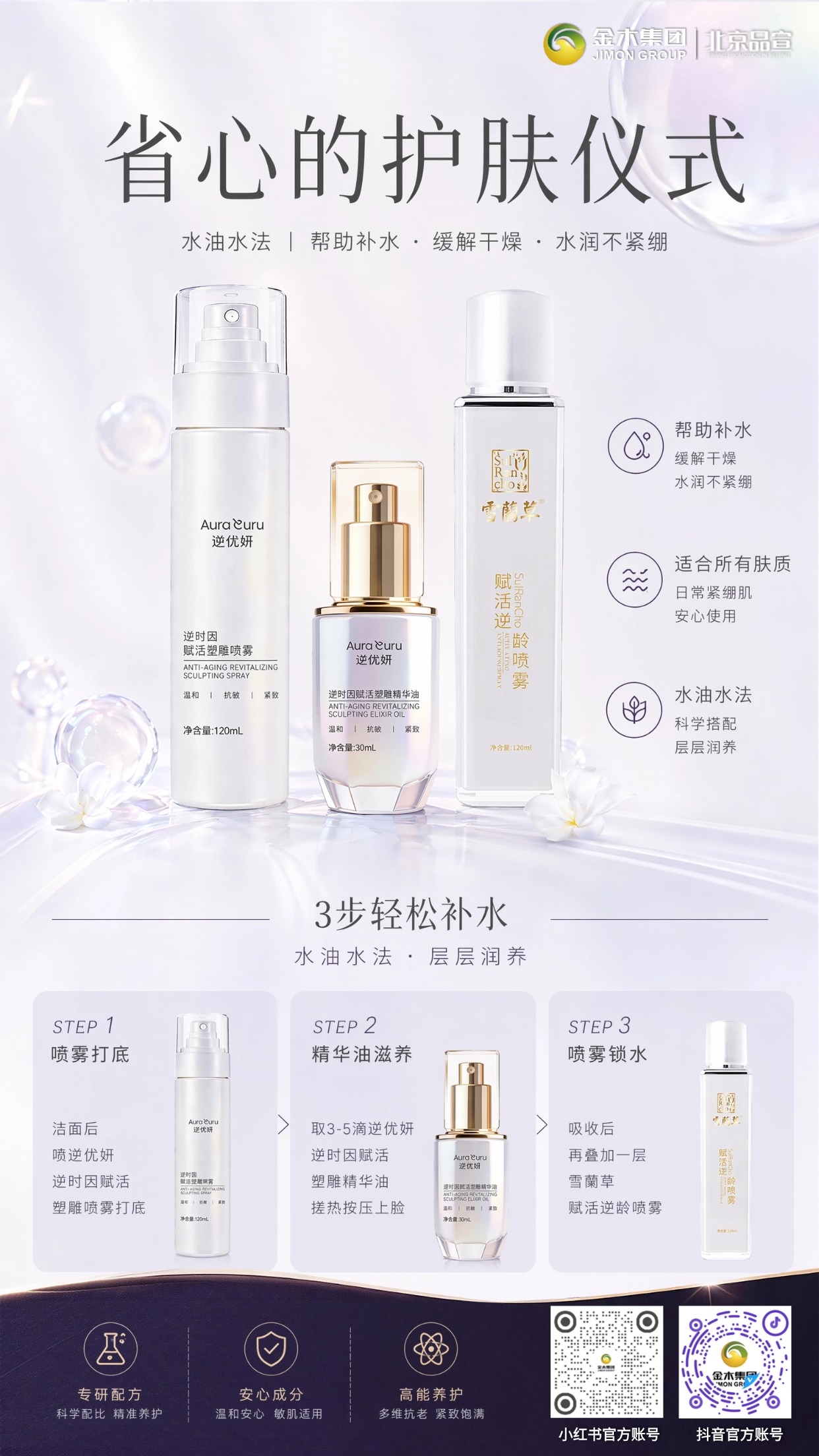 科学水油水护肤法 三步解锁水润细腻好肌肤。逆优妍塑雕喷雾 + 精华油 + 雪蘭草喷雾，三步践行水油水护肤。层层润养补水，舒缓干燥紧绷，多肤质适配，日常维稳呵护，轻松养成细腻健康肌。