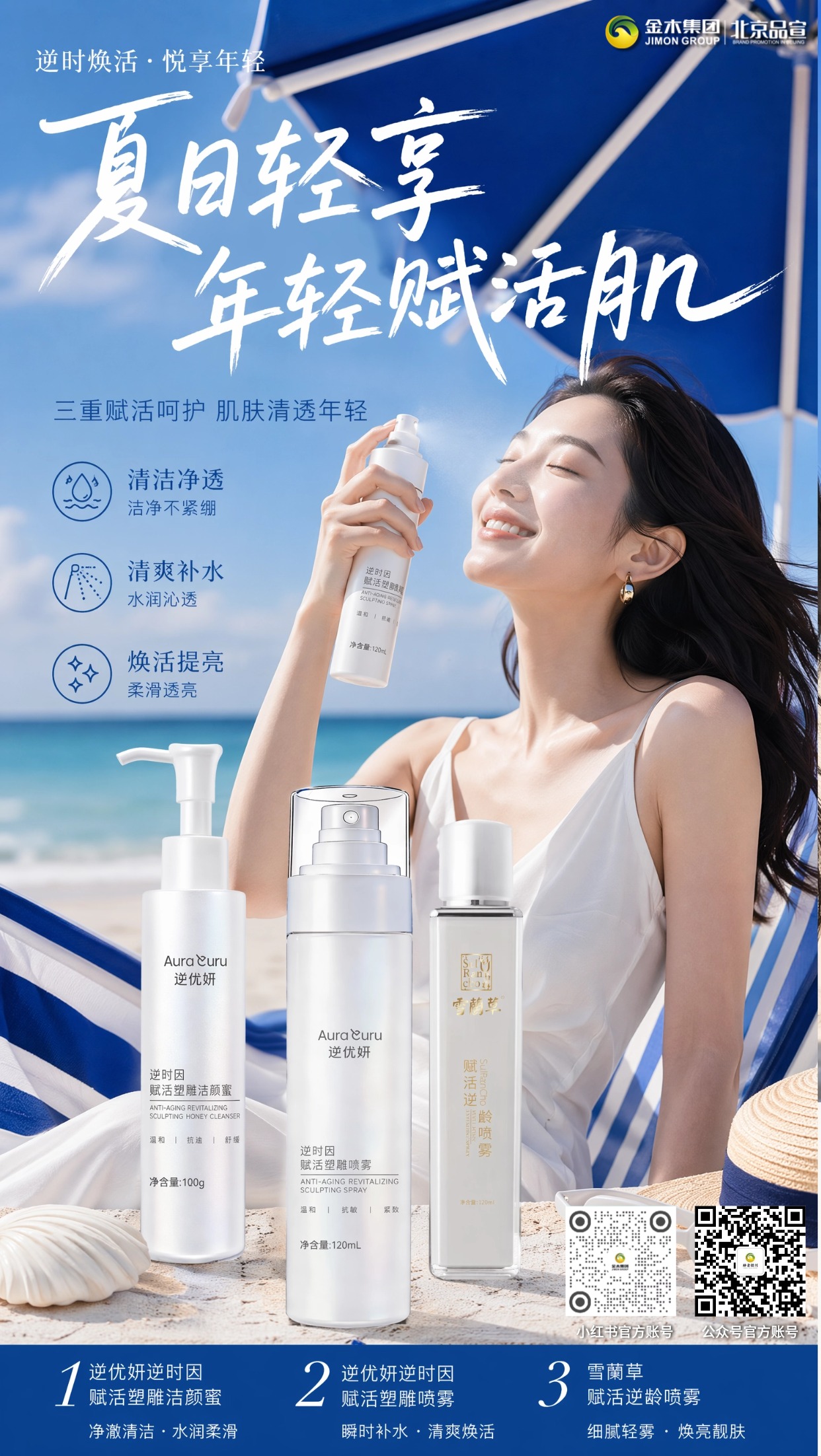 ☀️盛夏精简护肤方案，轻松打造清爽水润肤感💦。1🧴洁颜蜜清爽洁面，避免紧绷不适感。2💧小分子喷雾快速补水，缓解日晒干燥。3✨养肤喷雾锁留水分，维系肌肤水润