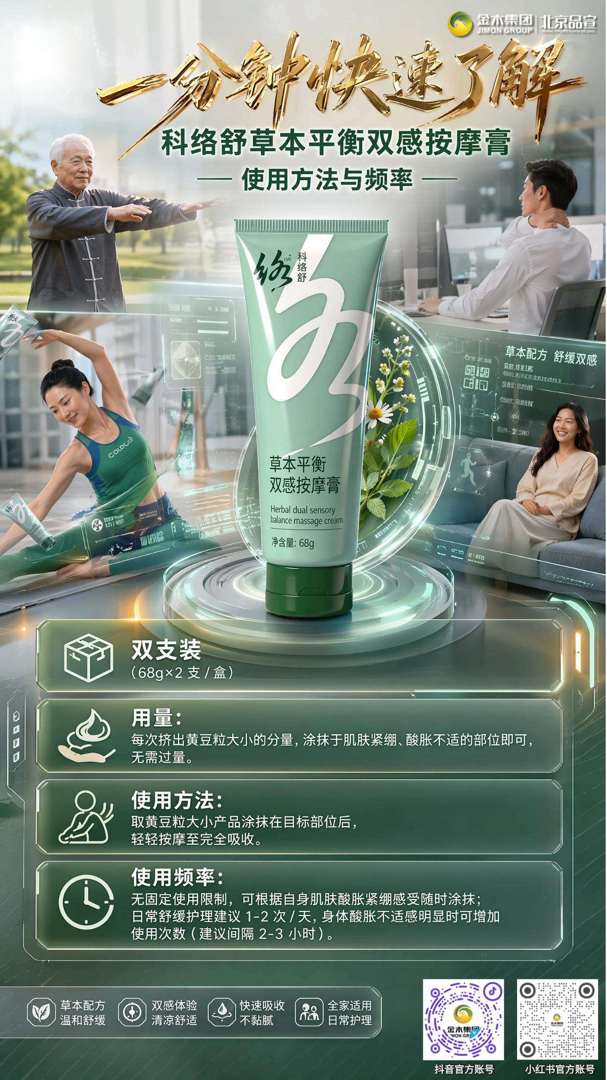 科络舒草本按摩膏 十大场景舒缓肌肤紧绷不适感。①💻办公居家:久坐舒缓肩颈腰肌肤紧绷、改善腹部发凉触感;。②🏃运动健身:运动前后柔润肌肤,缓解肌肤酸胀紧绷感;。③🌬️特殊时段:空调房、通勤、经期舒缓肌肤发紧不适;。④🚗长途出行:自驾爬山后舒缓腿部肌肤、改善肩背紧绷;。⑤🧹家务劳作:弯腰做家务舒缓腰臂发力后的紧绷肌肤;。⑥📖熬夜学习:低头伏案舒缓腰背肌肤僵硬不适感;。⑦👴长辈养护:晨起舒缓四肢发紧、改善天冷肌肤发凉;。⑧🌧️阴湿换季:潮湿天舒缓肌肤发沉冰凉紧绷状态;。⑨✂️手工从业者:长期持工具舒缓手腕手臂紧绷肌肤;。⑩🏠居家日常:随时薄涂按摩,柔润舒缓全身肌肤。