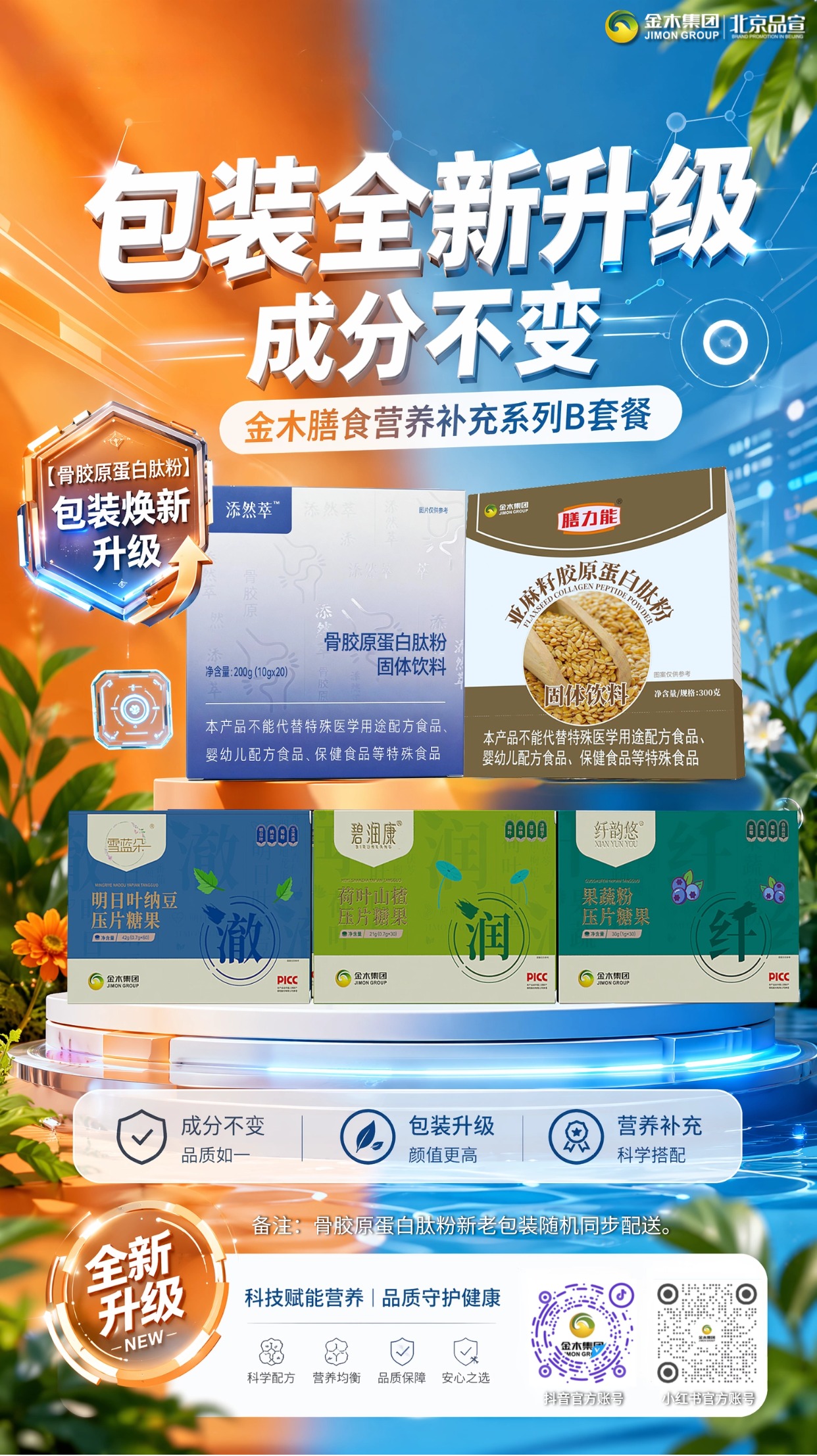 金木骨胶原蛋白肽粉包装焕新 营养配比不变。金木膳食营养补充系列 B 套餐搭配多元膳食营养单品,添然萃骨胶原蛋白肽粉迎来包装焕新,坚守原有优质原料与均衡配方,打磨细腻营养配比,持续为日常膳食提供温和营养支持。