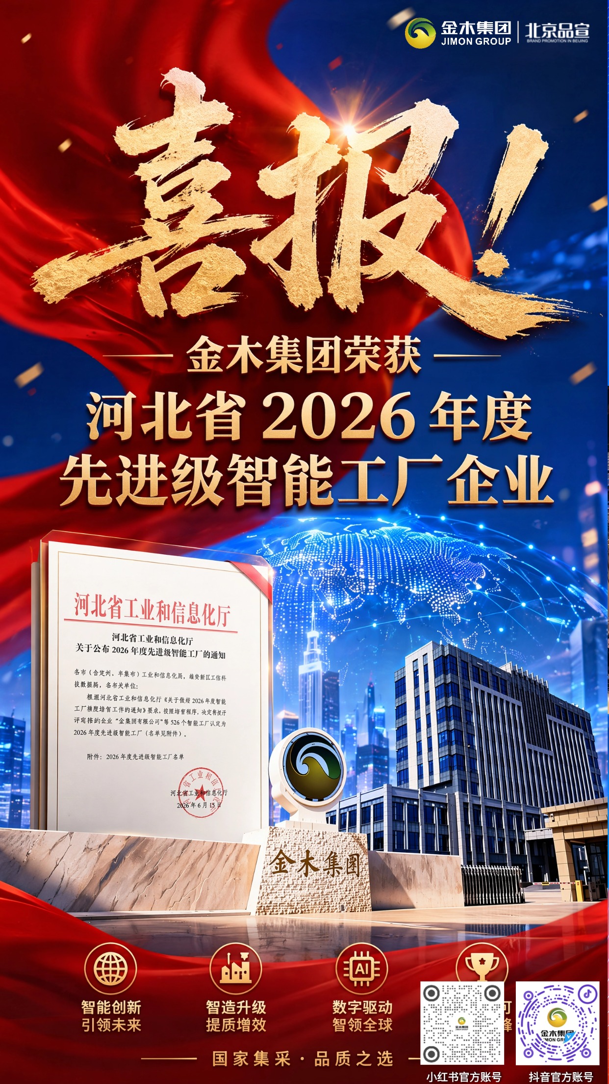 金木集团又传捷报荣获 “先进级智能工厂”。🎉喜报！金木集团荣获河北省 2026 年度先进级智能工厂企业。。📄近日省工信厅公布认定名单，金木集团凭借中医药全流程数字化智造体系获评，⚙️以智能产线、数字质控赋能产业升级，🏅树立河北大健康智能制造标杆。
