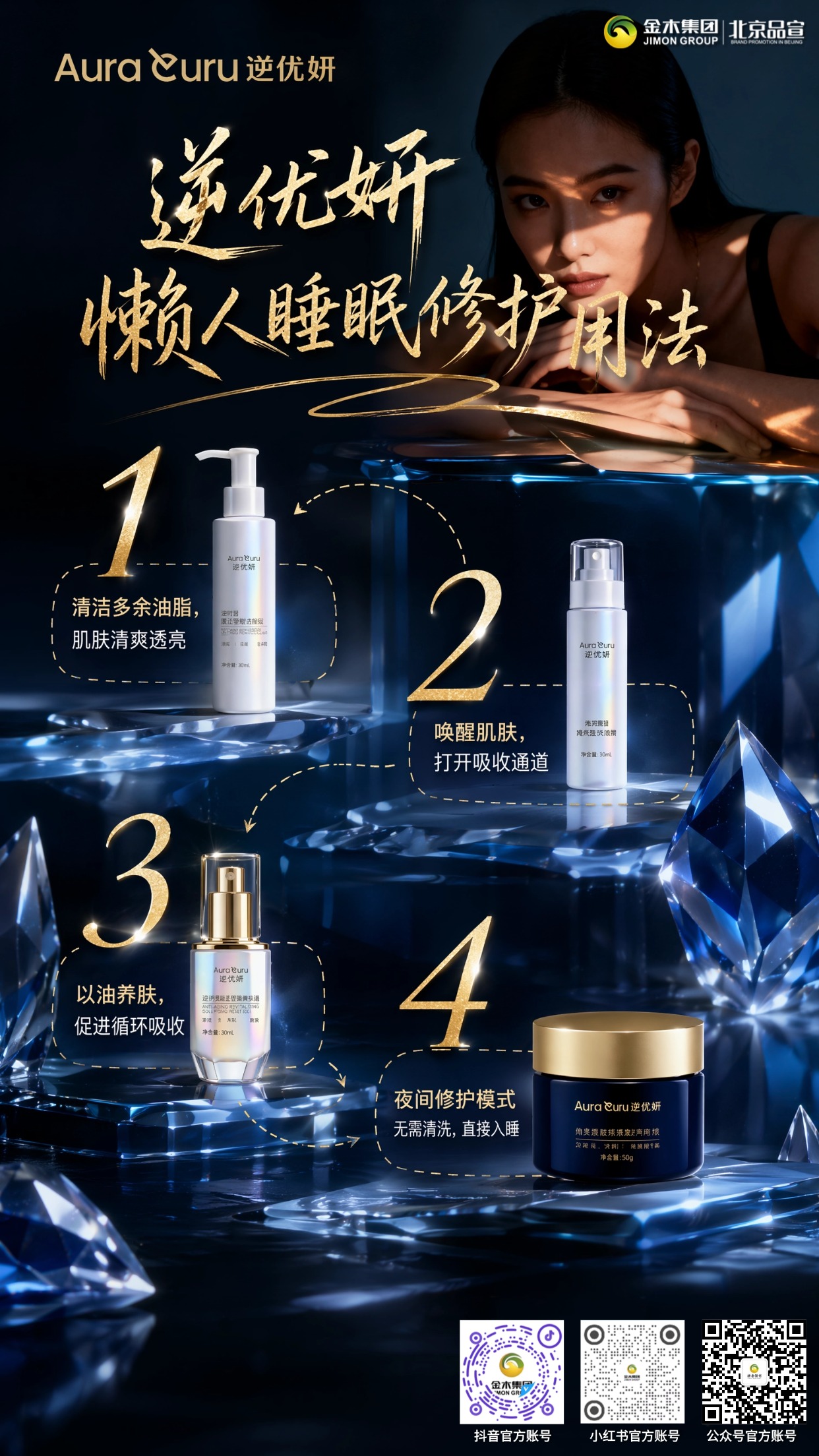 逆优妍懒人四步护肤 睡出细腻水润好肌肤。逆优妍极简睡眠护肤四步教程，新手轻松操作✨：。1洁颜蜜温和净肤🧴；2. 喷雾补水促吸收💧；3精华油润养肌理🌿；4. 按摩面霜免洗整夜修护🌙，精简护肤养出水润肤质。