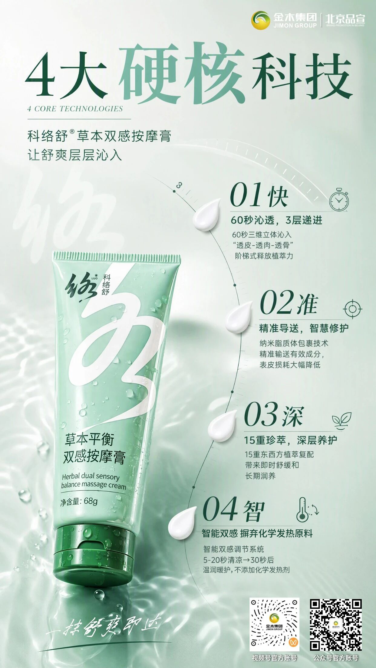 草本植萃温润养护✨科络舒按摩膏舒缓身体紧绷感🌿。久坐肩颈腰背时常有紧绷不适感😣。科络舒草本双感按摩膏🌿。搭载四大硬核渗透科技💡。甄选 15 重植萃温和养护🍃。先感清凉，后现温润🌡️。简单涂抹，无需繁琐手法🤲。办公、运动、居家多种场景适用✅。舒缓肌肉紧绷感，收获轻松自在状态💚。⚠️温馨提示：本品为日常身体护理产品，仅供肌肤外用舒缓，不具备医疗作用，不能替代药品治疗疾病。