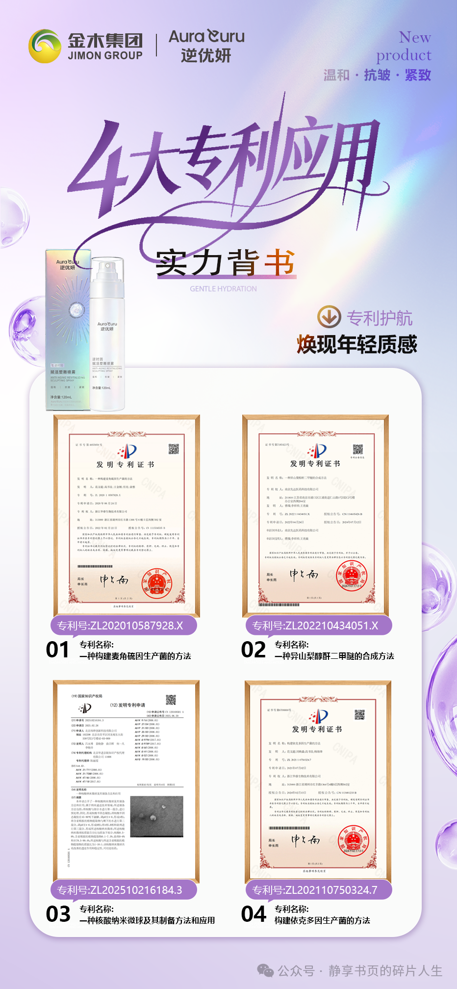 逆优妍喷雾 | 专利护航，焕现肌肤年轻质感逆优妍・逆时因赋活塑雕喷雾。3 大功效（温和补水・抗皱・紧致）。权威检测 真人测评。实测抗皱，肌肤紧致一步到位。 。逆优妍・逆时因赋活塑雕喷雾。4 大专利应用。实力背书 科技奢护。专利护航，焕现肌肤年轻质感
