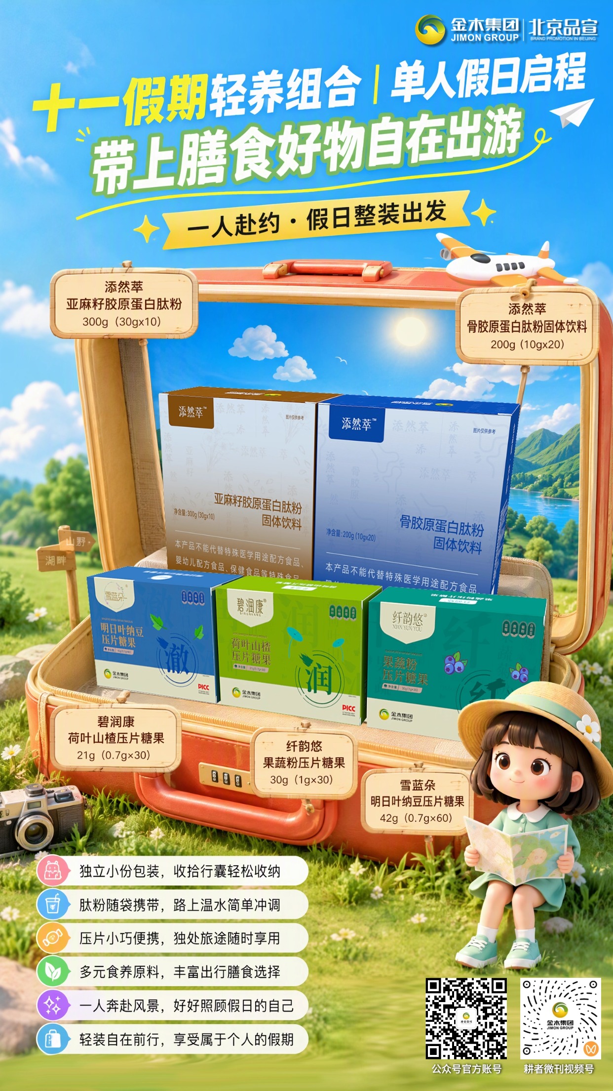 十一假期轻养组合｜多场景膳食好物伴你出行。🚞自驾、火车、单人出游，多场景随心适配。。🎒独立小份分装，收纳轻巧不占行囊。。🥛肽粉温水冲泡，旅途轻松调配饮用。。🍬压片便携随身，出行随时享用。。🌿汇集多样食养原料，丰富旅途膳食选择。。✨假日奔赴风景，好好关照旅途的自己。。本系列均为普通固体饮料、压片糖果，不是保健食品、药品，不可替代药物治疗；膳食补充不能代替均衡三餐，食用感受因人而异。。
