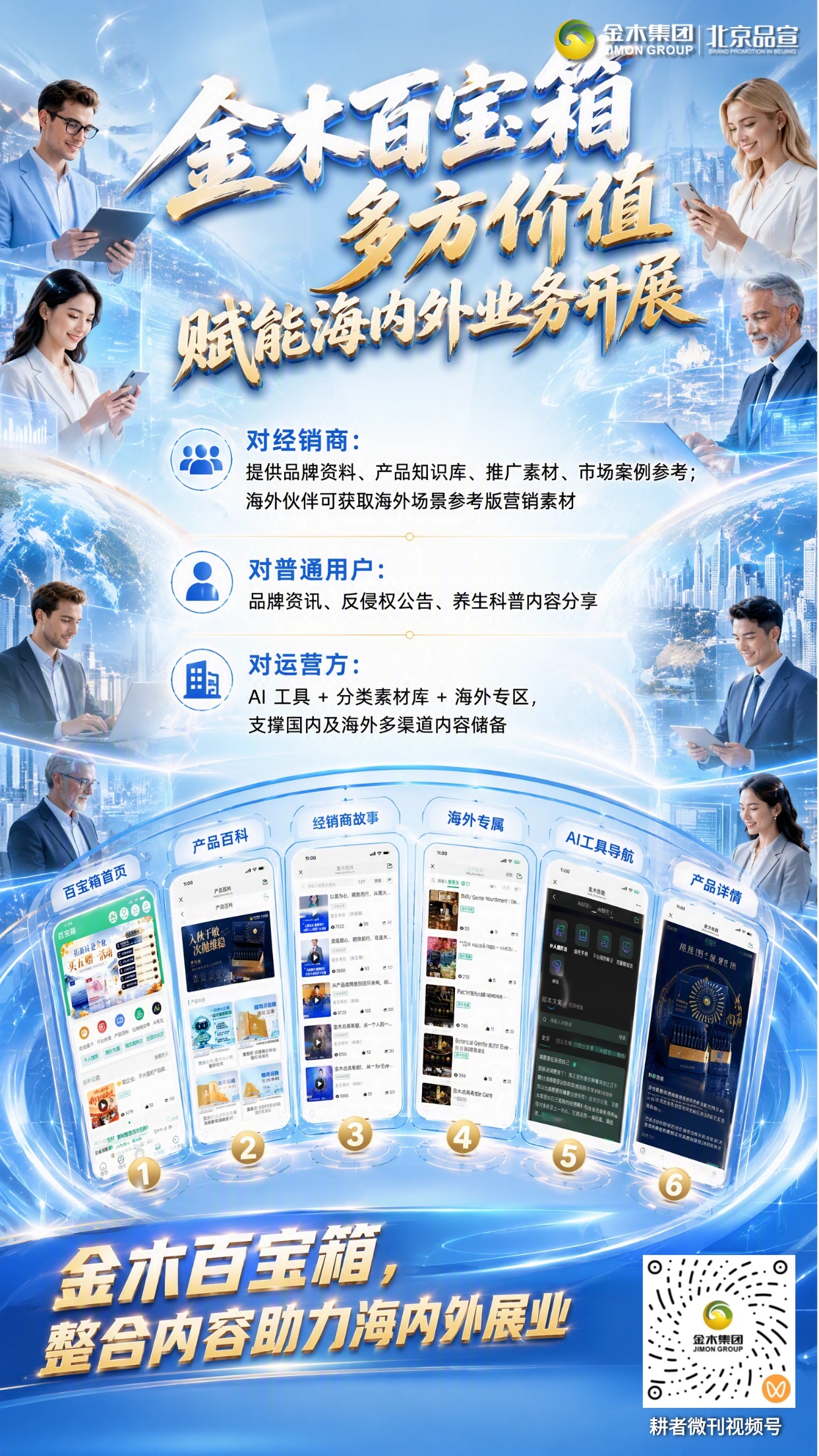金木百宝箱｜一站式展业工具赋能海内外市场。📦金木百宝箱汇聚海量营销素材🌐。。📖品牌、产品、行业资料一键查阅📱。。🤖AI 专区助力文案海报短视频创作✍。。🌍海外专区提供多场景营销物料🗺。。👥B 端 C 端双赋能，轻松助力业务拓展💪。