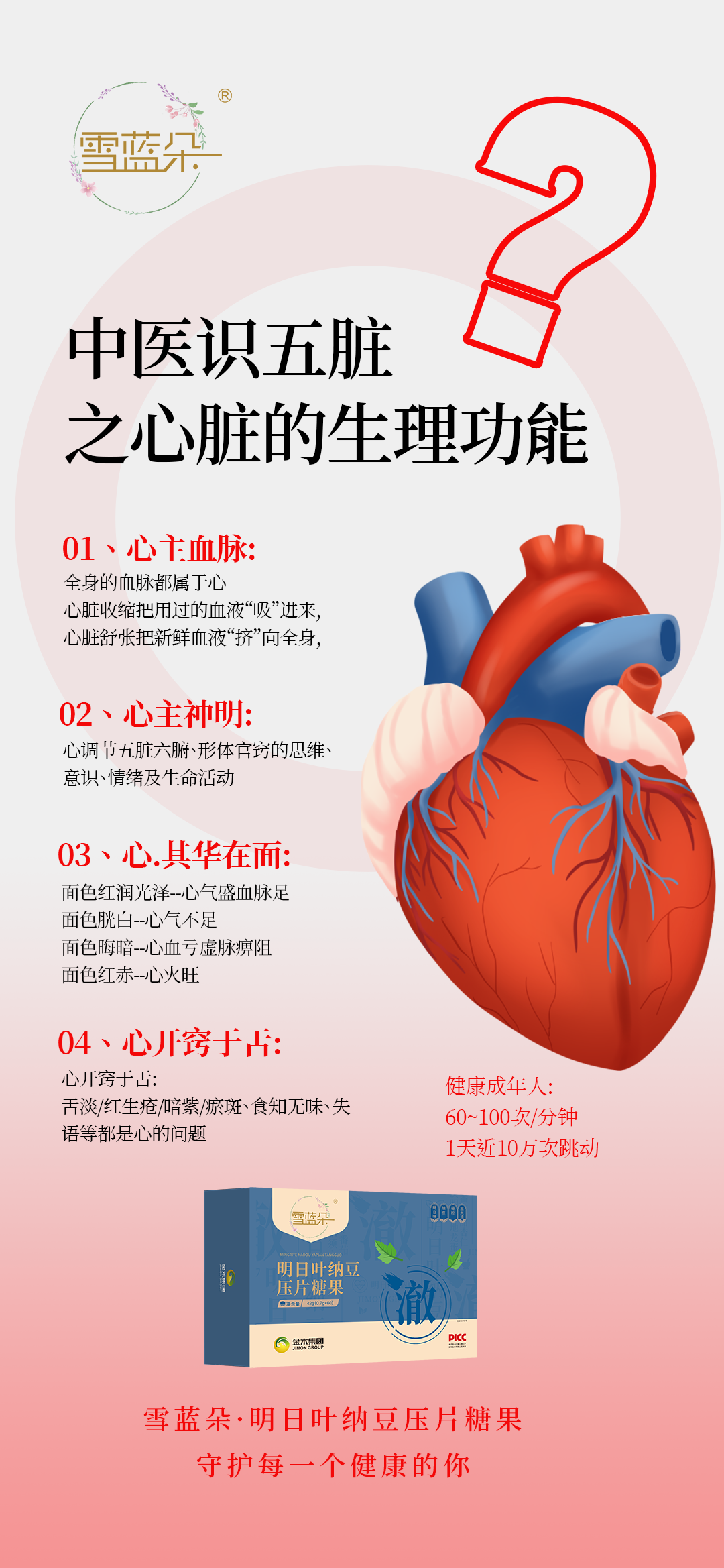养心三件事，睡对、吃对、按对就稳了！。中医识五脏之心脏的生理功能。1、心主血脉。全身的血脉都属于心，心脏收缩把用过的血液“吸”进来，心脏舒张把新鲜的血液“挤”向全身。。2、心主神明。心调节五脏六腑，形体官窍的思维、意识、情绪及生命活动。3、心其华在面。面色红润光泽——心气盛血脉足。面色胱白——心气不足。面色晦暗——心血亏虚脉痹阻。面色红赤——心火旺