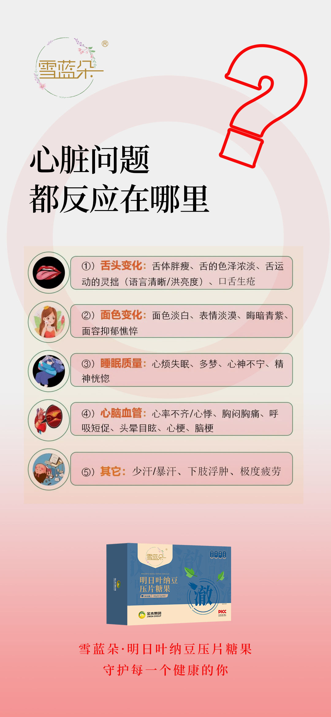 养心三件事，睡对、吃对、按对就稳了！。中医识五脏之心脏的生理功能。1、心主血脉。全身的血脉都属于心，心脏收缩把用过的血液“吸”进来，心脏舒张把新鲜的血液“挤”向全身。。2、心主神明。心调节五脏六腑，形体官窍的思维、意识、情绪及生命活动。3、心其华在面。面色红润光泽——心气盛血脉足。面色胱白——心气不足。面色晦暗——心血亏虚脉痹阻。面色红赤——心火旺