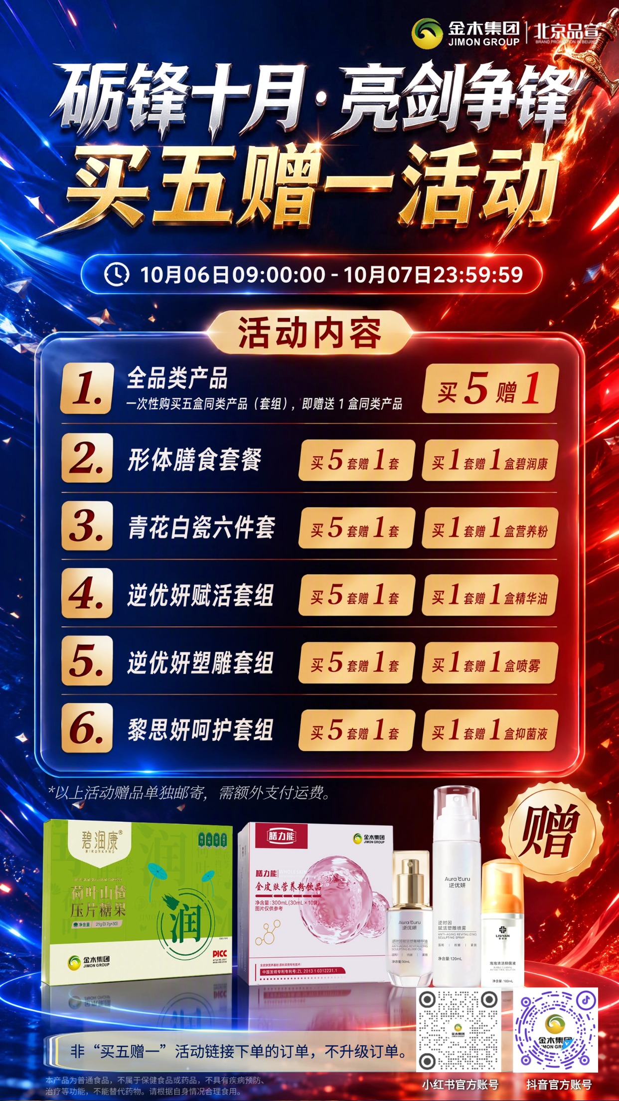 金木集团 砺锋十月·亮剑争锋 买五赠一活动。📆活动时间：10月06日09:00:00-10月07日23:59:59。✅仅 “买五赠一”活动链接下单可享订单升级，其他渠道下单不参与升级🚫。💡全品类产品。一次性购买五盒同类产品(套组)，即赠送1盒同类产品1 盒🎊。🥡形体膳食套餐：买 1 套赠碧润康 1 盒；买 5 套赠同款 1 套。🏺青花白瓷六件套：买 1 套赠全皮肤营养粉饮品 1 盒🥤；买 5 套赠同款 1 套🎊。💎逆优妍赋活套组：买 1 套赠逆优妍逆时因赋活塑雕精华油 1 盒🧴；买 5 套赠同款 1 套✨。🫧逆优妍塑雕套组：买 1 套赠逆优妍逆时因赋活塑雕喷雾 1 盒💦；买 5 套赠同款 1 套🌟。🛡️黎思妍呵护套组：买 1 套赠黎思妍泡泡清洁抑菌液 1 盒🧼；买 5 套赠同款 1 套🎈。💡备注：所有赠品单独发货📦，需另付运费💸