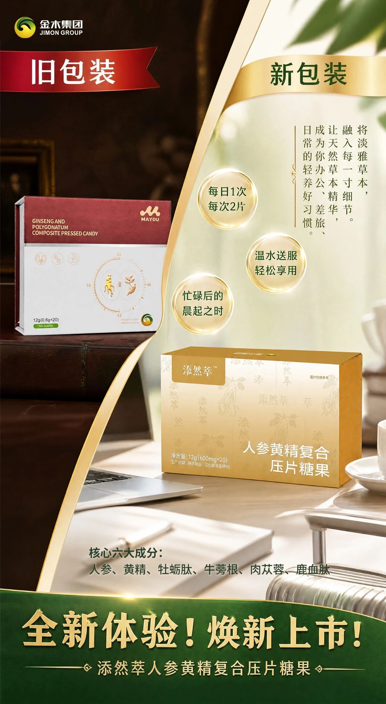 添然萃人参黄精复合压片糖果，焕新上市！🔥添然萃人参黄精复合压片糖果🔥。🔥全新配方！焕新上市！。✨双肽萃养，多维协同 ✨ 。✅核心六大成分： 人参、黄精、牡蛎肽、牛蒡根、肉苁蓉、鹿血肽 。✅不止于草本，多维复合配方。✅轻松补充日常所需的多元营养