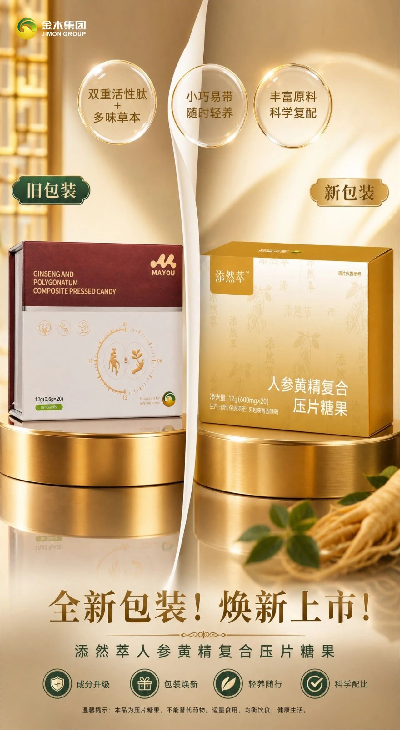 添然萃人参黄精复合压片糖果，焕新上市！🔥添然萃人参黄精复合压片糖果🔥。🔥全新配方！焕新上市！。✨双肽萃养，多维协同 ✨ 。✅核心六大成分： 人参、黄精、牡蛎肽、牛蒡根、肉苁蓉、鹿血肽 。✅不止于草本，多维复合配方。✅轻松补充日常所需的多元营养