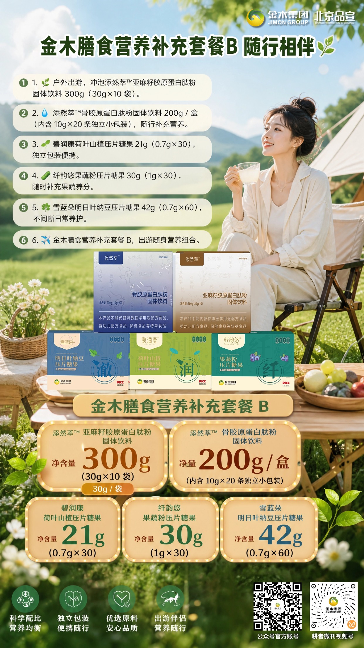金木膳食营养套餐 B✨全家多元营养呵护🥗。1. 添然萃亚麻籽胶原蛋白肽粉🍶,净含量 300g(30g×10 袋)📦。2. 添然萃骨胶原蛋白肽粉🦴,净含量 200g / 盒(10g×20 条)📦。3. 碧润康荷叶山楂压片糖果🍃,净含量 21g(0.7g×30)📦。4. 纤韵悠果蔬粉压片糖果🫐,净含量 30g(1g×30)📦。5. 雪蓝朵明日叶纳豆压片糖果🌿,净含量 42g(0.7g×60)📦。6. 优选原料🌱,独立小包装便携易带🎒。7. 科学配比✅,多场景一站式营养搭配💚。⚠️免责:本品不能代替特殊医学用途配方食品、婴幼儿配方食品、保健食品等特殊食品