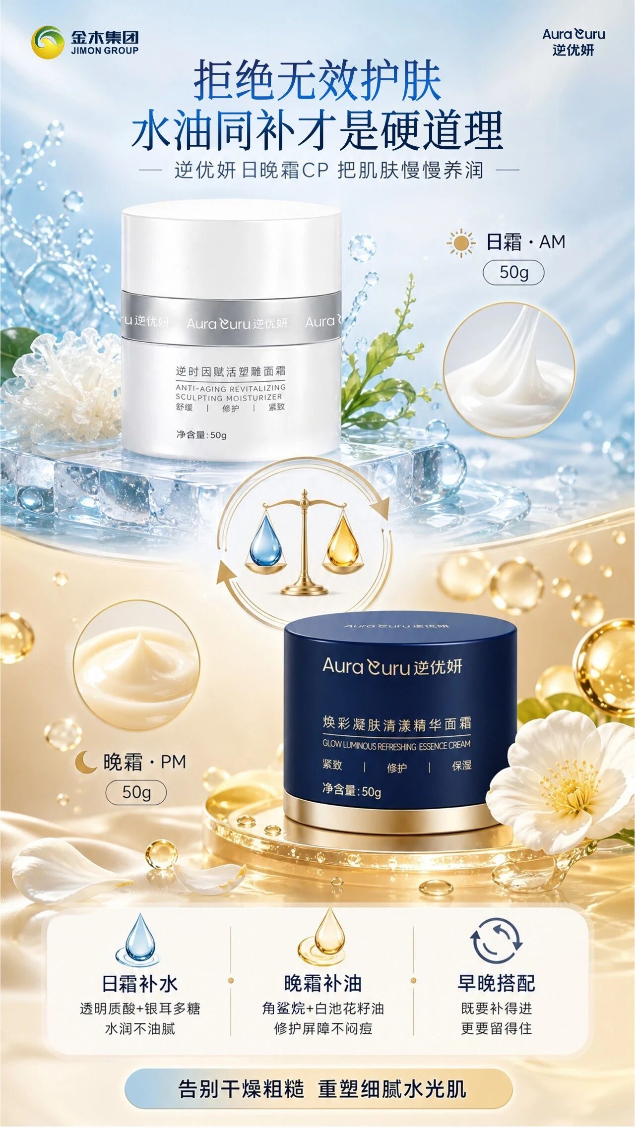 新品 | 逆优妍「日霜 + 晚霜」CP即将上市日御夜养，全天候肌肤守护CP 。☀️ 早安・银白瓶：四维协同日间防护，轻盈乳霜质地，妆前打底不厚重，唤醒肌肤活力💫 。🌙 晚安・深蓝瓶：夜间深层滋养修护，丰润包裹感，锁住水分，彻夜润💧 早晚搭配，开启科学护肤新纪元📖。拒绝无效护肤❌，水油同补才是硬道理✅ 。逆优妍日晚霜 CP，把肌肤慢慢养润💆‍♀️ 。水分不足？状态不佳？—— 早霜补水，透明质酸 + 银耳多糖，水润不油💦 脂质不足？敏感不适？—— 晚霜补油，角鲨烷 + 白池花籽油，修护屏障不闷痘🌿 。告别干燥粗糙，重塑细腻水光肌✨。真人实测📊，敏感肌也能安心 “早 C 晚 A” 。28 天⏳，见证粗糙感慢慢淡化 。日间实测：7 天角质层水分 + 26.92%，皮肤紧致度 + 24.05%📈 。夜间实测：95% 受试者认同温和无刺激，97% 认同易吸收👍 。科学验证，安心使用，开启你的逆时之旅⏳